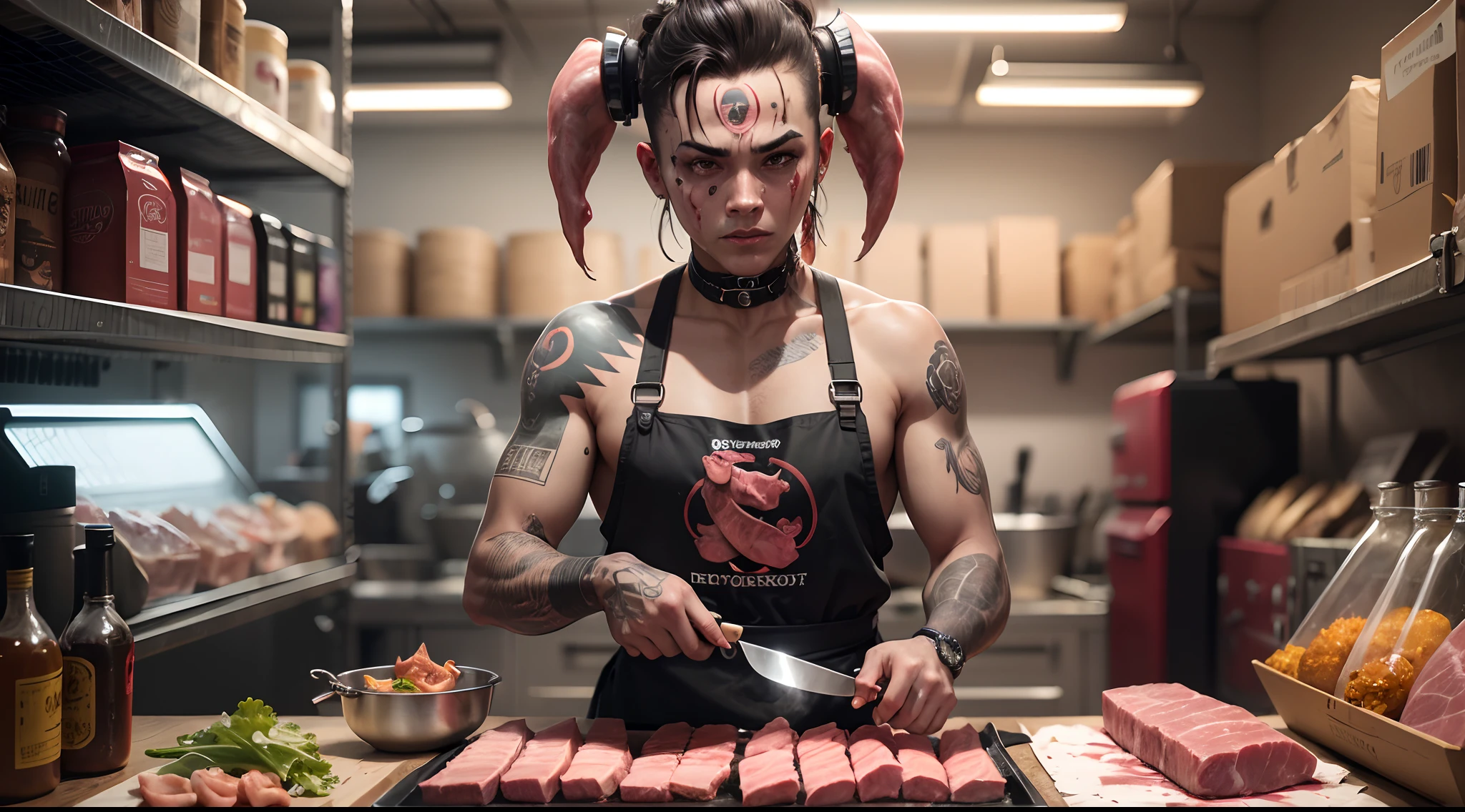 Cyberpunk humanoid pig chef with meat knife and qrcode tattoo on forehead ,dark,horror scene, red light , butcher storage in the background --auto --s2