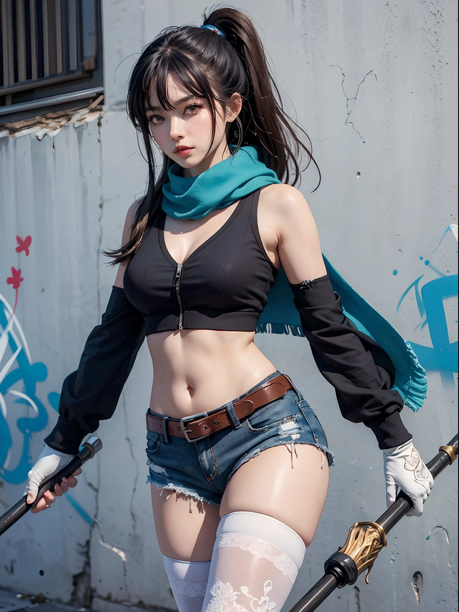 Unbeatable masterpiece, Ultra photo realsisim, Perfect artwork, Intricate details, Best quality, Strong light , High contrast, Dynamic pose, Dutch angle , ((Depth of field)) , 1 girl , Solo , arma , upper legs , Blonde hair , Long hair , mitts, Red eyes , Scarf , full bodyesbian , White gloves , Holding , navel ,holding weapon , Boots , white thighhighs , Armor , POLEARM ,Shorts , Breasts , Blue scarf , Side ponytail , view the viewer ,clothing cutout , Black shorts , Very long hair , spear ,multicolored hair , Closed mouth , Bare shoulders , Gradient hair on white background , bangs , Death Scythe , Chaopu art jacket , Slim waist,Open belly button , Denim jeans with a buckled belt , (Messy painted body:1.05) , (Holding Spray Paint Can:1.1) , (Graffiti mural wall background:1.15) , (Stand on a narrow city street playing crossword puzzles:1.2) , (highest quality , Amazing details:1.4) , Masterpiece , full bloom , The colorful paintings are picturesque
