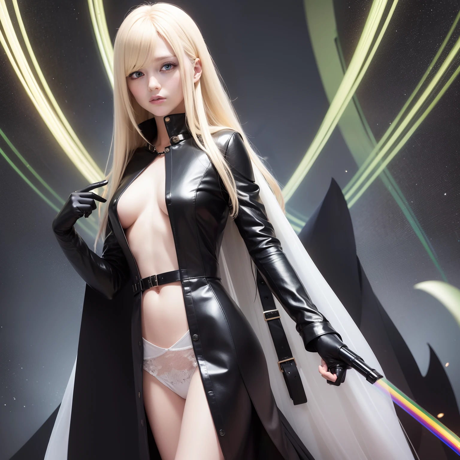 super high image, super detail, super high resolution, portrait, beautiful and stylish light blonde hair woman, wearing a mask, black leather long coat no shirt, black leather slim pants, black engineer boots, grim reaper's scythe, holofilm, translucent, iridescent, background fantasy, galaxy, magic circle, kaleidoscope, give off rainbow and gold neon light many lines radially from floor and ceiling, professional lighting