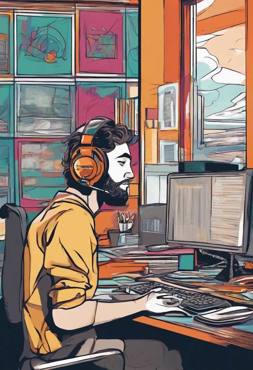 close-up of a man in front of his computer with a sad expression,illustration,blurry background,Rosto detalhado,facial hair,olhos estressados,solitary atmosphere,soft natural lighting,alta resolução,emocional,Realistic,paleta de cores escuras,sombras sutis,cores dessaturadas,Virtual meeting environment,homem bem vestido,cara sombria,slightly messy hair,headphones on head,teclado,reflexo em vidros,brilho frio da tela,tons suaves,Serious expression,tristeza,ambiente isolado,Internal configuration,ambiente tranquilo,UI elements,atmosfera pesada,humor sombrio,tons de azul.