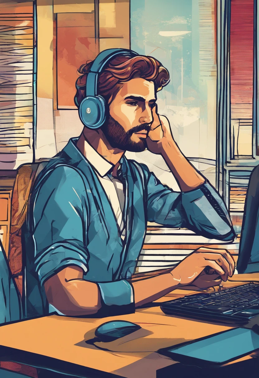 close-up of a man in front of his computer with a sad expression,illustration,blurry background,Rosto detalhado,facial hair,olhos estressados,solitary atmosphere,soft natural lighting,alta resolução,emocional,Realistic,paleta de cores escuras,sombras sutis,cores dessaturadas,Virtual meeting environment,homem bem vestido,cara sombria,slightly messy hair,headphones on head,teclado,reflexo em vidros,brilho frio da tela,tons suaves,Serious expression,tristeza,ambiente isolado,Internal configuration,ambiente tranquilo,UI elements,atmosfera pesada,humor sombrio,tons de azul.