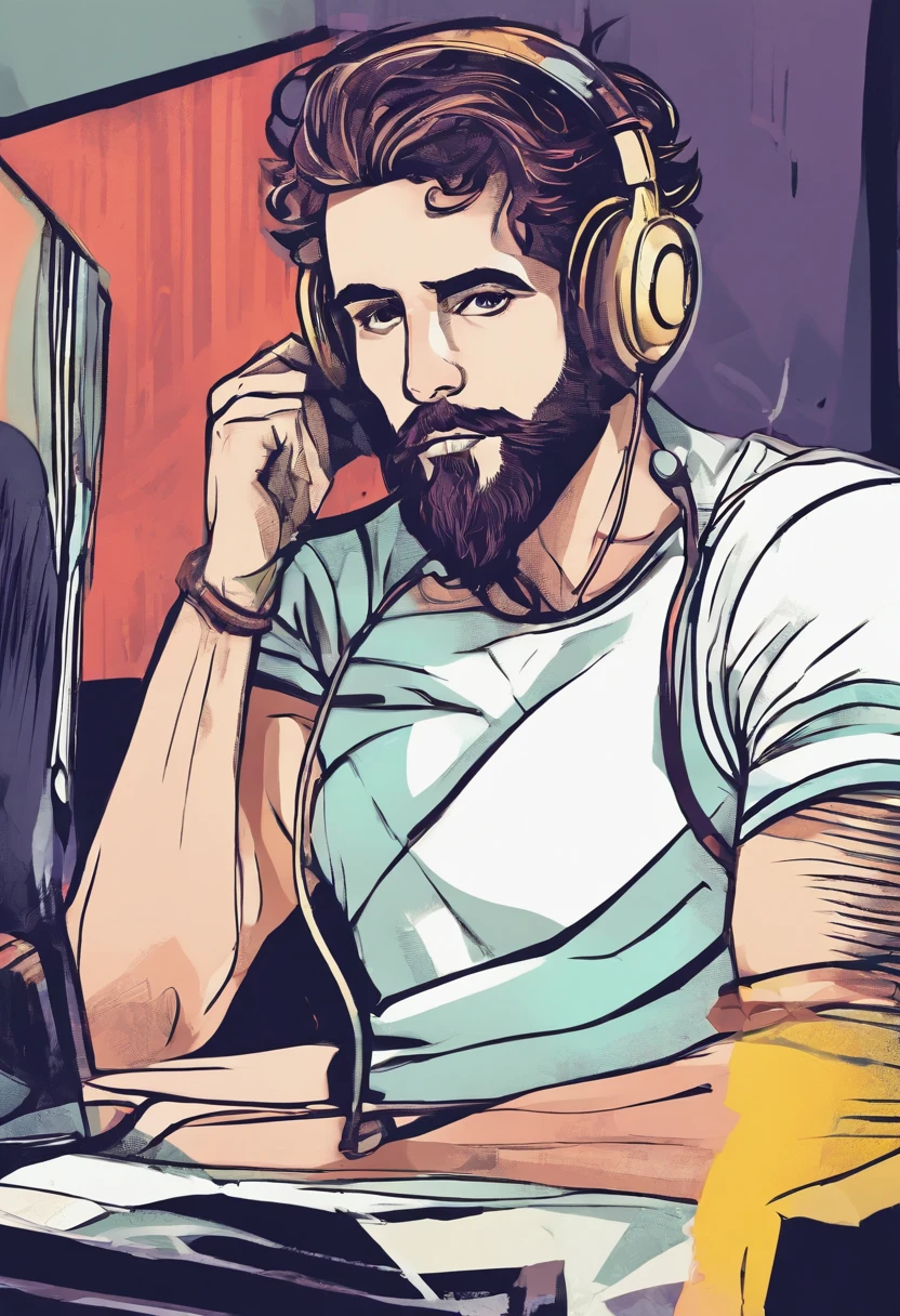 close-up of a man in front of his computer with a sad expression,illustration,blurry background,Rosto detalhado,facial hair,olhos estressados,solitary atmosphere,soft natural lighting,alta resolução,emocional,Realistic,paleta de cores escuras,sombras sutis,cores dessaturadas,Virtual meeting environment,homem bem vestido,cara sombria,slightly messy hair,headphones on head,teclado,reflexo em vidros,brilho frio da tela,tons suaves,Serious expression,tristeza,ambiente isolado,Internal configuration,ambiente tranquilo,UI elements,atmosfera pesada,humor sombrio,tons de azul.