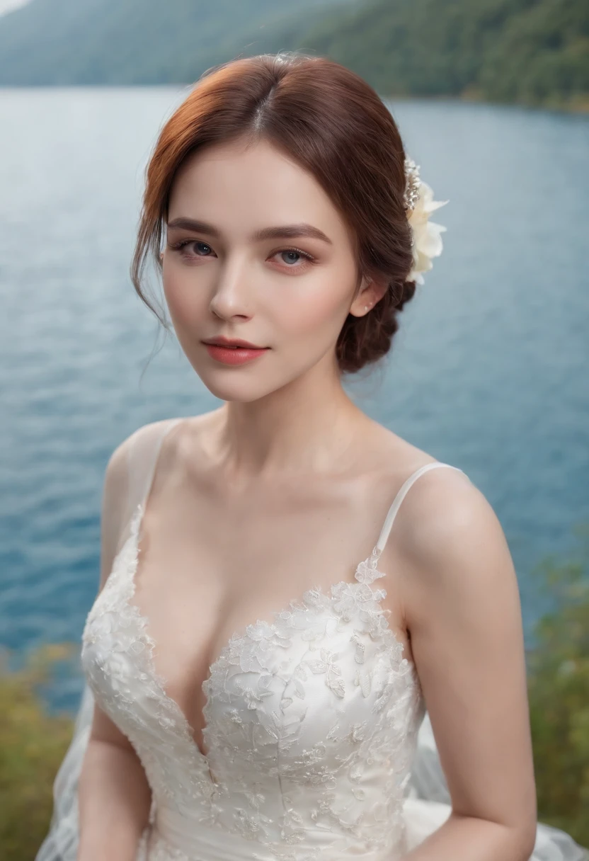 1 beautiful girl, (Realistic:1.3) (full bodyesbian:1.3), standing photo, Stand in front of the blue lake, White wedding dress, Soft dress, Masterpiece, diffused soft lighting, Portrait, Best quality, (Perfect face:1.4), Ultra-realistic Highly detailed, Complex and realistic simulation style photos, Cinematic lighting, studio shoot, Elegant Pose, upper body