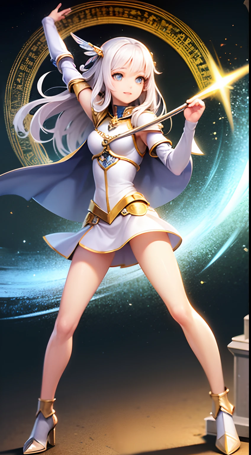Full Body, a silver-haired young girl, with pretty amber eyes, a maiden body, and face, a maiden armor, wield the spear and shield, wearing the cloak and golden sun circlet, blue dawn, and heavenly background scene, a blue magical circle with a diamond star-shaped, wheel wing eyed, brave smile, stable diffusion v5, dynamic, image scale, dream shape, vibrant, realistic face, 8k quality, upscale.