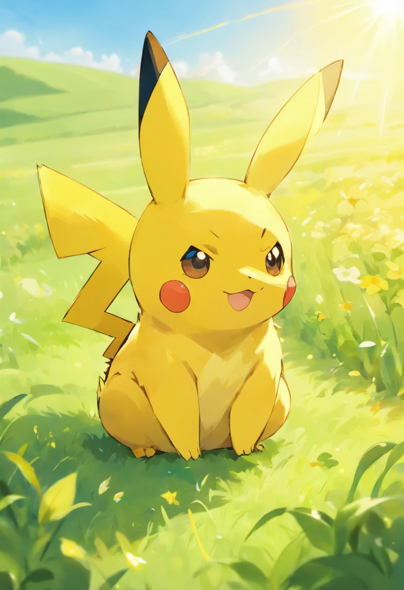 Pikachu sitting in a soft green and sun dappled field