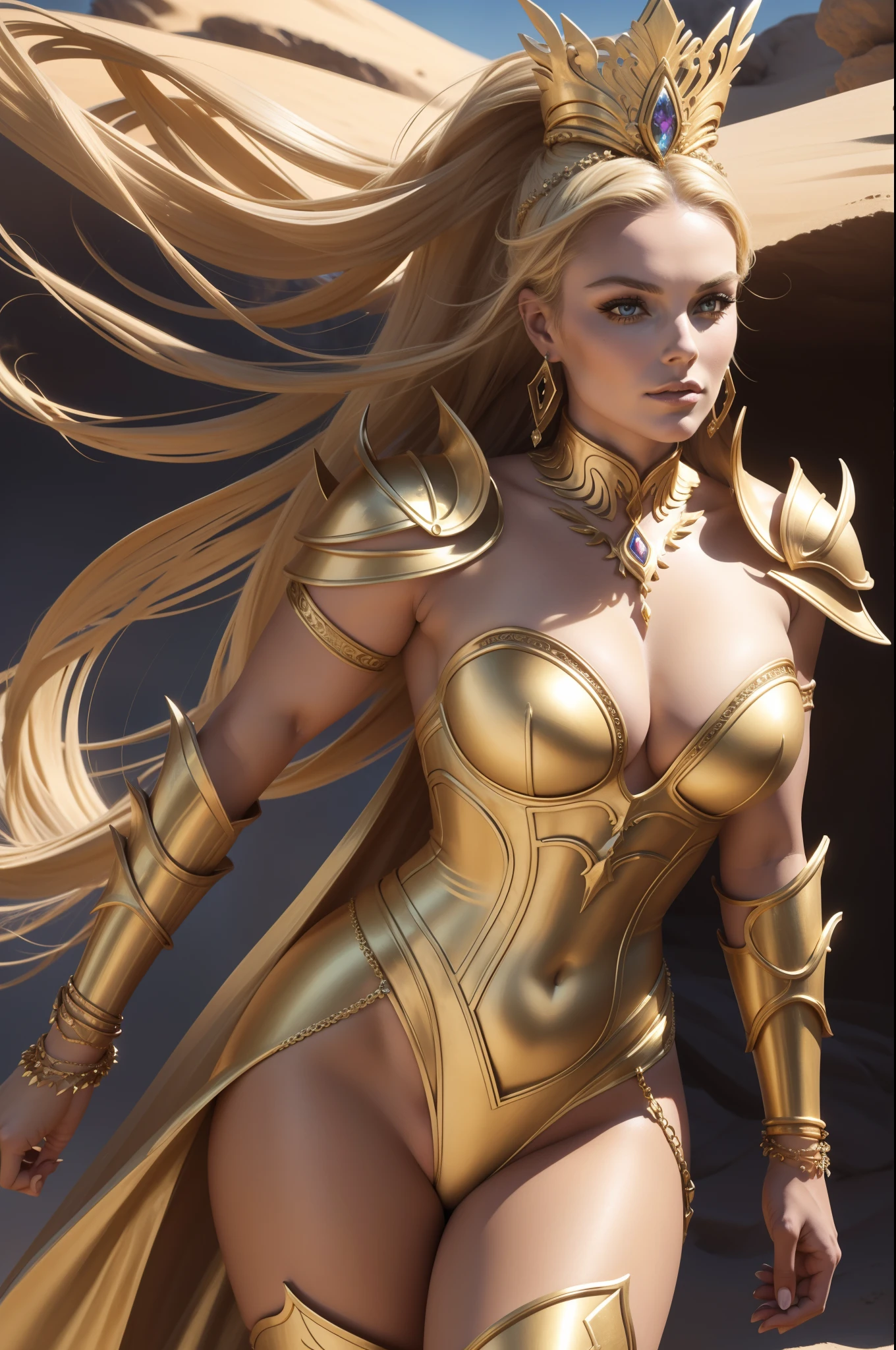( dunas do deserto ) Lindsey Vonn as a MYTHOLOGICAL DIVA in a golden armor, gold bracelets on the arms, coxas expostas, Face looking at the camera, athletic curvy body, Musculatura suavemente definida, perspectiva de corpo inteiro, Realismo 32K, obra prima.