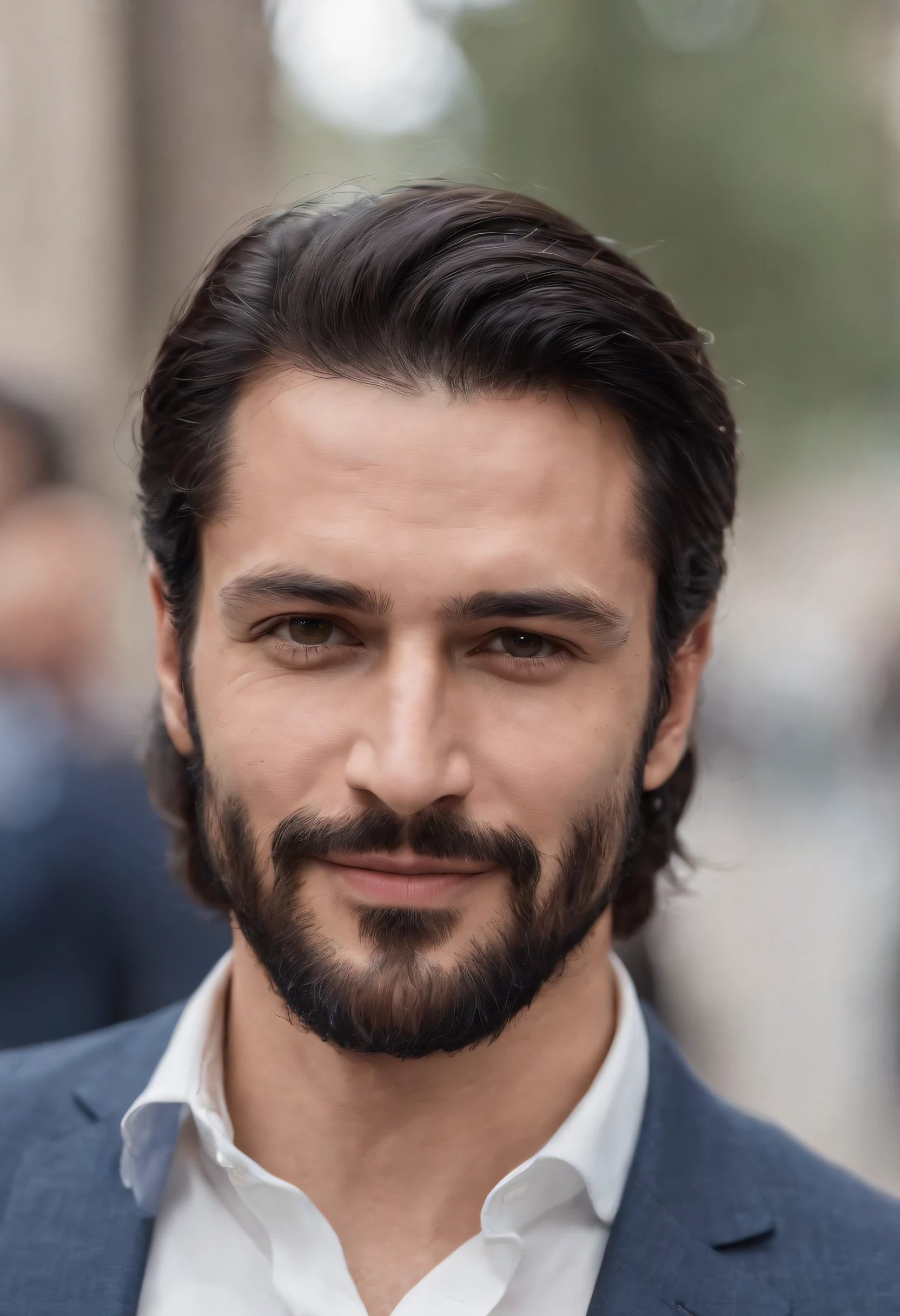 Sigma man, judgmental, black hair beard, muscular, smiling slyly, wearing casual suit, Turkish