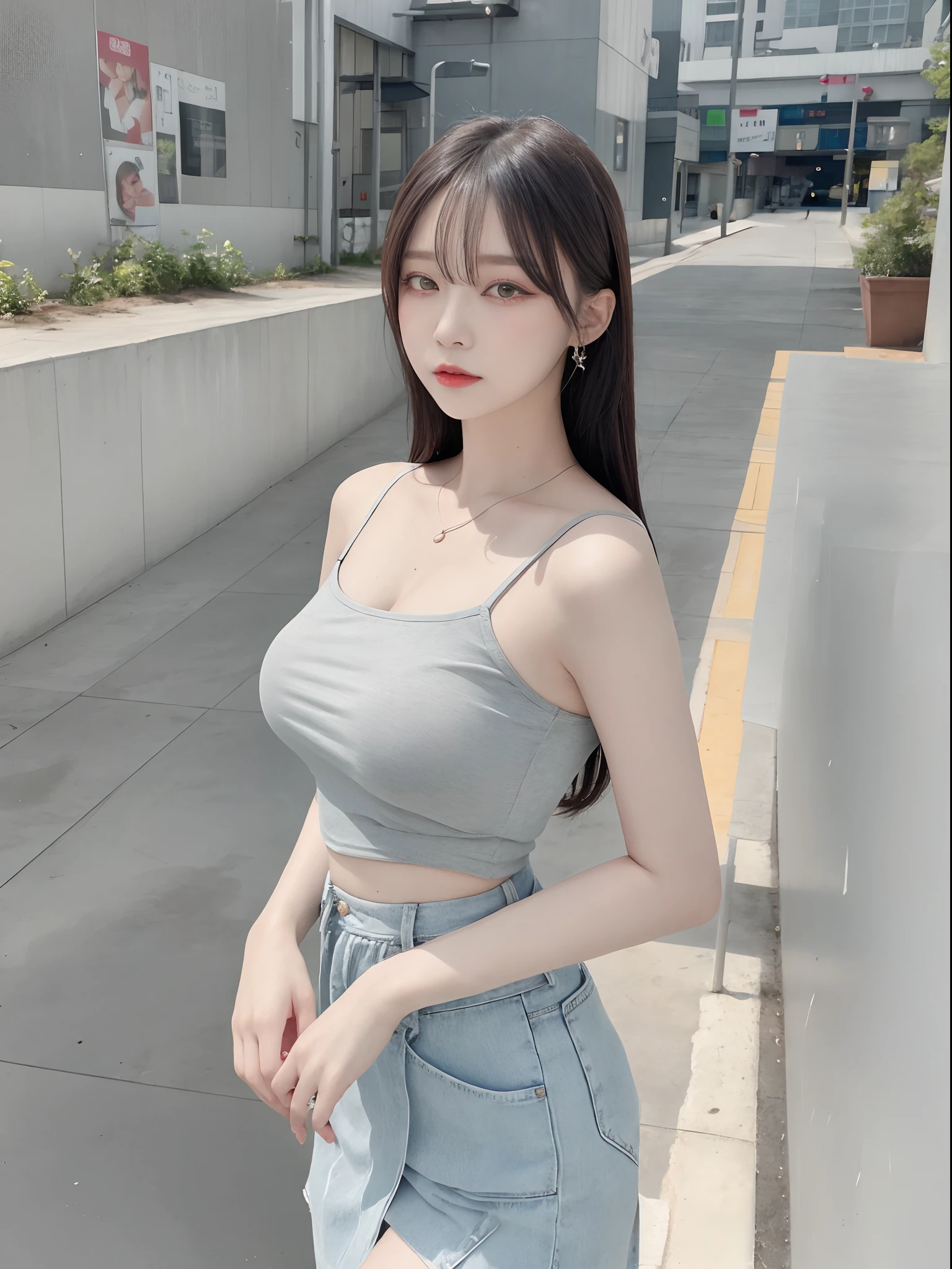 Top image quality、Raw photography、超A high resolution、18 year old cute Korean、Shooting for one person only、very large round breasts、Camisole、skirt by the、Shiny hair、Beautiful Eyes of Details、very elongated eyes、Beautiful eyelashes、Beautiful double eyelids、eyeshadows、耳Nipple Ring、close-up shooting、Model shooting for magazines、Fashion catalog shooting、Wall on grey background