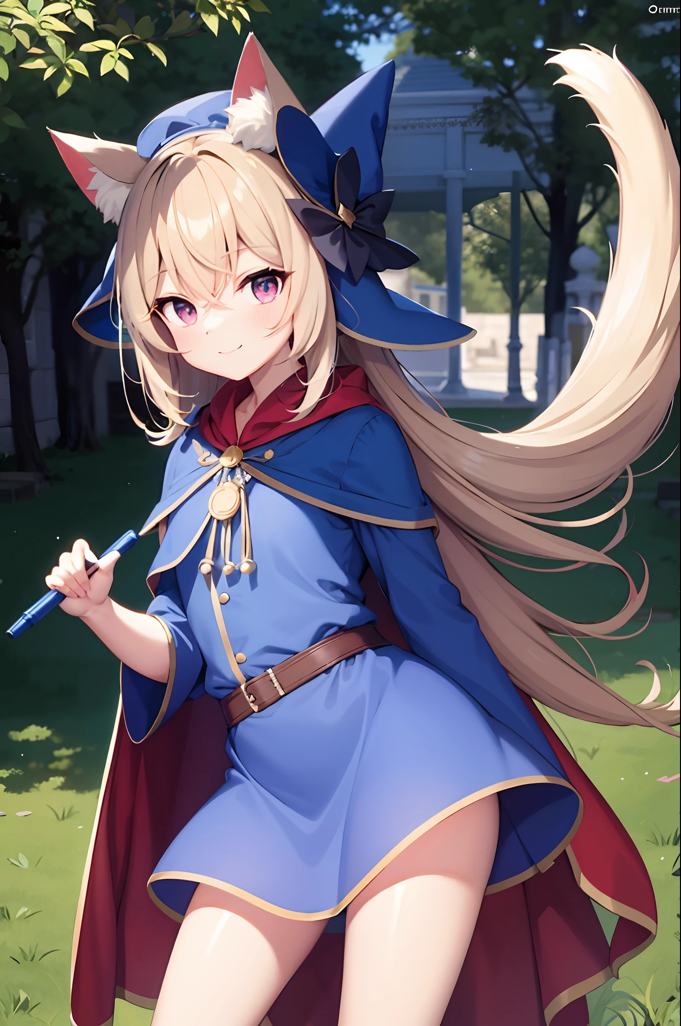 tmasterpiece，best qualtiy，A high resolution，The is very detailed，detailedbackground，电影灯光，1girll，looking at viewert，shift dresses，Magic cloak，Witch hat，are standing，Cat ears，a cat tail，short- sleeved，looking at viewert，grassy，ssmile, Khaki hair, long whitr hair，Puff sleeves, exteriors, , a blue dress,Blue magic cloak，Blue sunlight, red color eyes, Mottled sunlight, In the daytime,