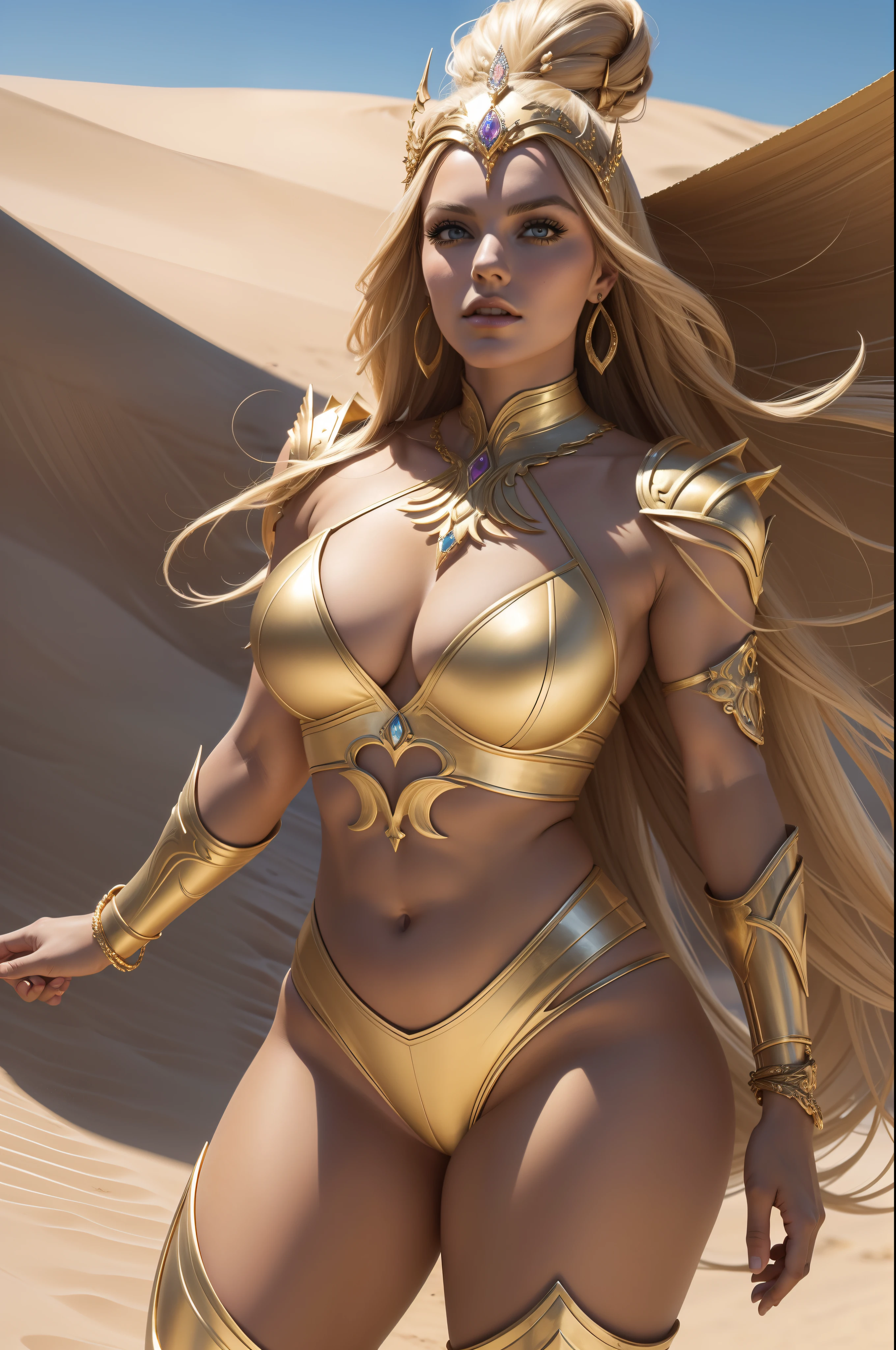 ( dunas do deserto ) Lindsey Vonn as a MYTHOLOGICAL DIVA in a golden armor, single piece Golden color, Golden bracelets on the arms, coxas expostas, right arm pointing upwards, head looking up, , athletic curvy body, olhando para o lado, Musculatura suavemente definida, back vision, perspectiva de corpo inteiro, Realismo 32K, obra prima.