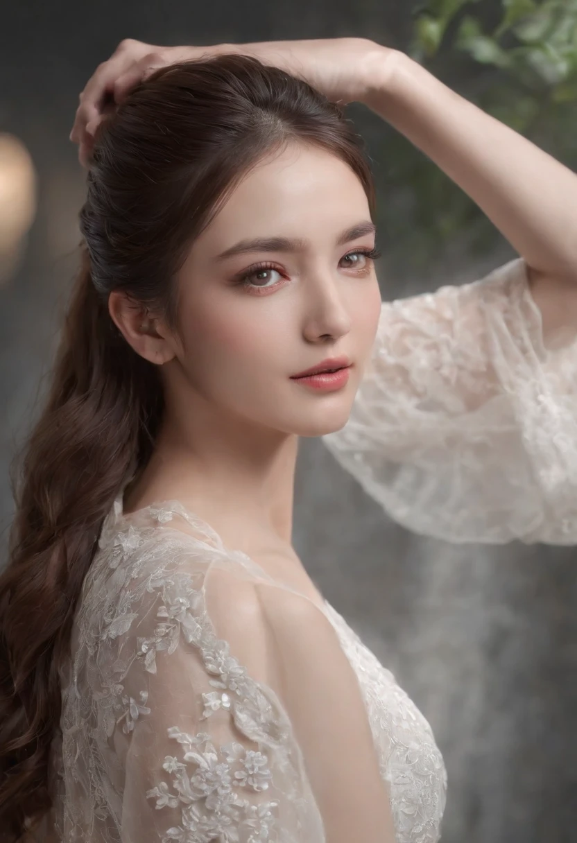 ((perfect photographic)), jeonjongseo, (aphrodite goddess), ((extremely realistic detailed beauty)) ((attractive)), (dark (lace dress)), adept art, very realistic ( 8k HD graphic, (soft and chill light), best quality detailed face:1.5, masterpiece:1.3, ultra highres:1.2 dynamic lighting, artstation, poster, volumemetricslighting), (detailed eyes:1.5), (indoor), ((blur background))  perfect photographic