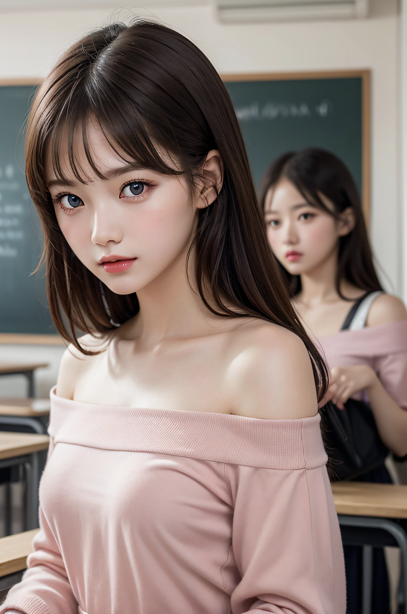 ((1girl in)), ((Best Quality)), (Ultra-detailed), (extremely detailed CG unified 8k wallpaper), Highly detailed, High-definition raw color photos, Professional Photography, Brown hair, Amazing face and eyes, Pink eyes, (amazingly beautiful girl), School, classroom, off shoulder,