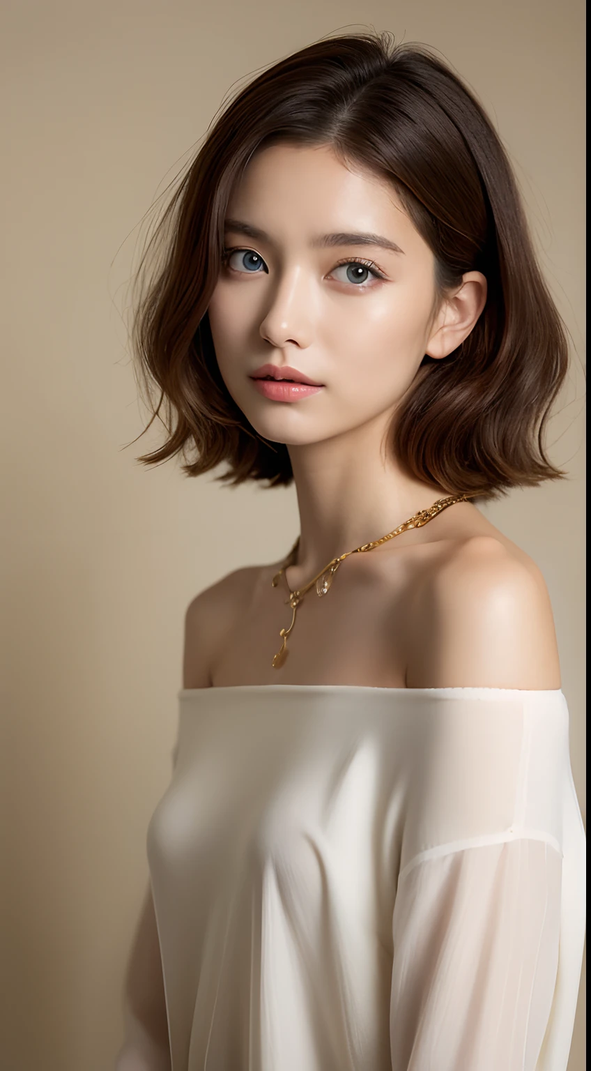 "​masterpiece, top-quality, 1girl in, blue eyes, light brown hair+golds、short-cut、gradation hair、 Wuxi Whiteware, a necklace、beautiful countenance,  ​​clouds, Natural light、waved hair、Model body type、Slimed、A slender、small tits、Very small breasts、21-year-old Japan woman、off shoulders