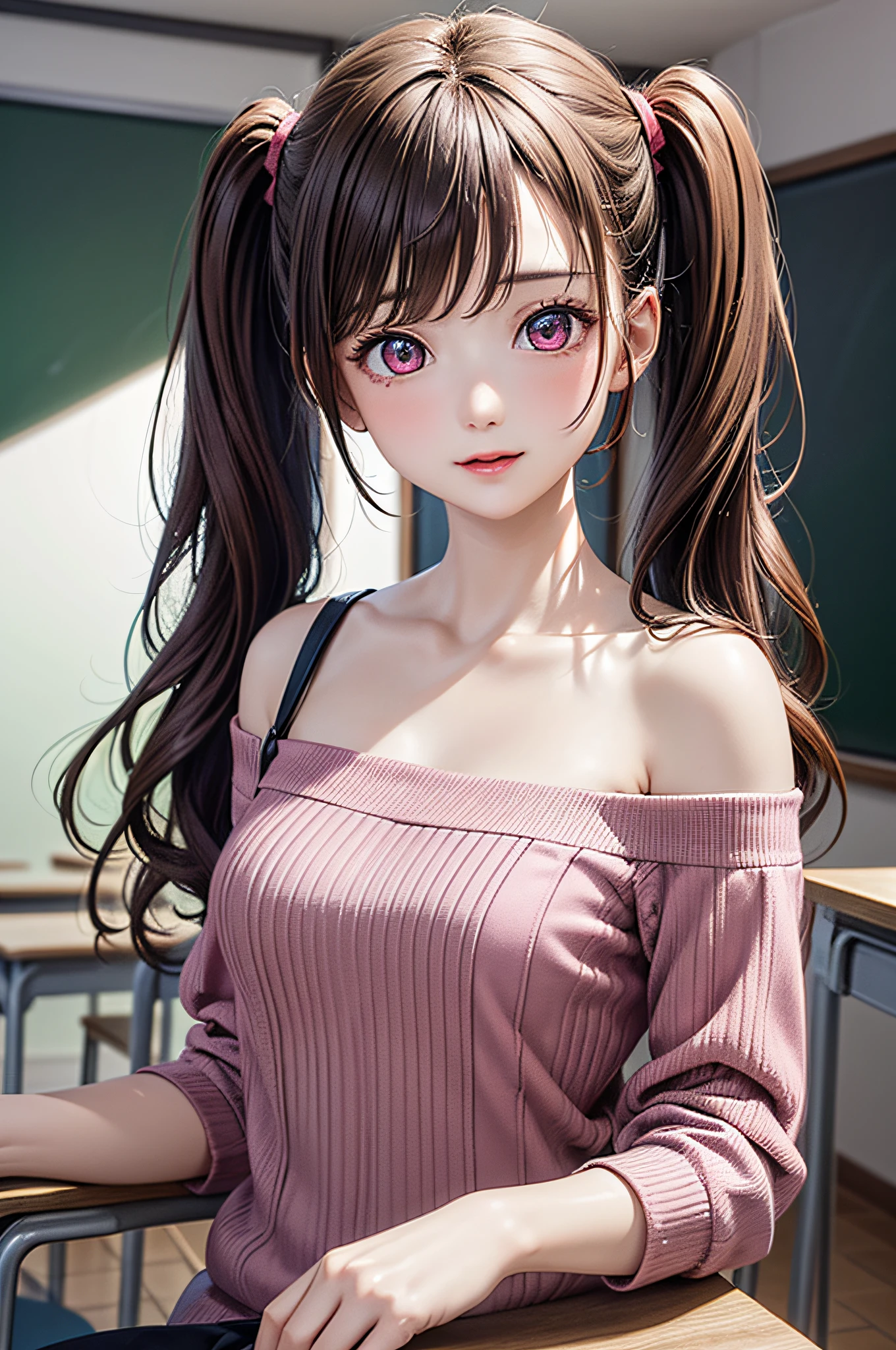 ((1girl in)), ((Best Quality)), (Ultra-detailed), (extremely detailed CG unified 8k wallpaper), Highly detailed, High-definition raw color photos, Professional Photography, (Twintails), Brown hair, Amazing face and eyes, Pink eyes, (amazingly beautiful girl), School, classroom, off shoulder,