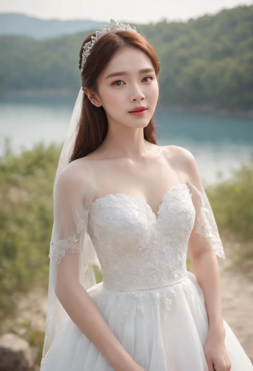 1 beautiful girl,Korean idol, (Realistic:1.3) (full bodyesbian:1.3), standing photo, Stand in front of the blue lake, White wedding dress, Soft dress, Masterpiece, diffused soft lighting, Portrait, Best quality, (Perfect face:1.4), Ultra-realistic Highly detailed, Complex and realistic simulation style photos, Cinematic lighting, studio shoot, Elegant Pose, upper body