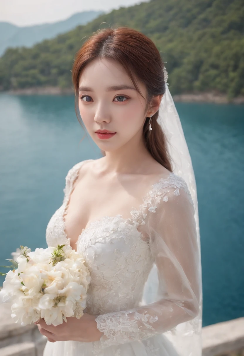 1 beautiful girl,Korean idol, (Realistic:1.3) (full bodyesbian:1.3), standing photo, Stand in front of the blue lake, White wedding dress, Soft dress, Masterpiece, diffused soft lighting, Portrait, Best quality, (Perfect face:1.4), Ultra-realistic Highly detailed, Complex and realistic simulation style photos, Cinematic lighting, studio shoot, Elegant Pose, upper body