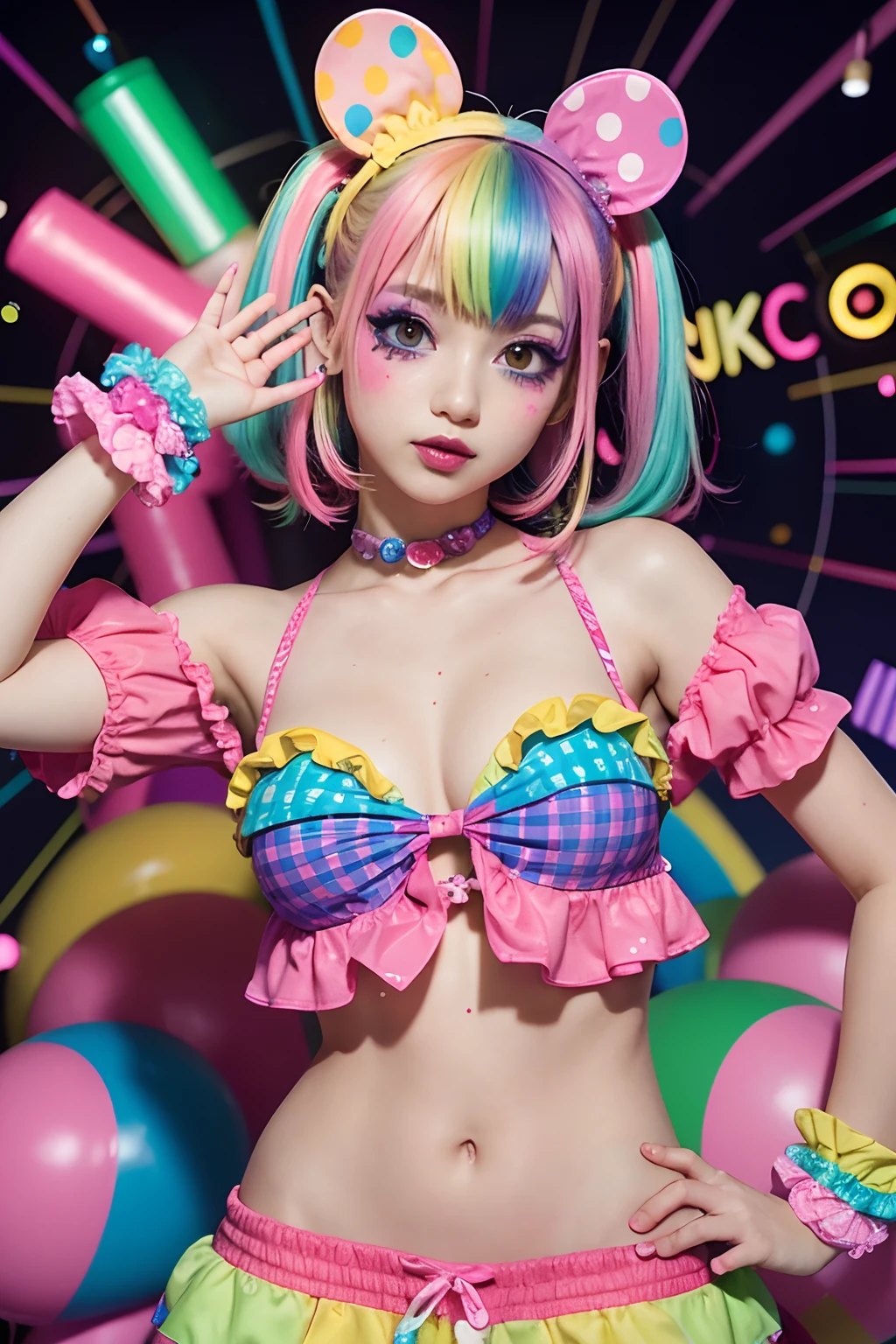 Alafe girl posing in colorful costume for photo, y 2 k cutecore clowncore, kawaii decora rainbowcore, kawaii hq render, candy girl, decora inspired, Unreal Engine : : Rave makeup, raver girl, Rave Girl, Rave Costume, glitchpunk girl, soda themed girl, playful and cheerful, eighties pinup style