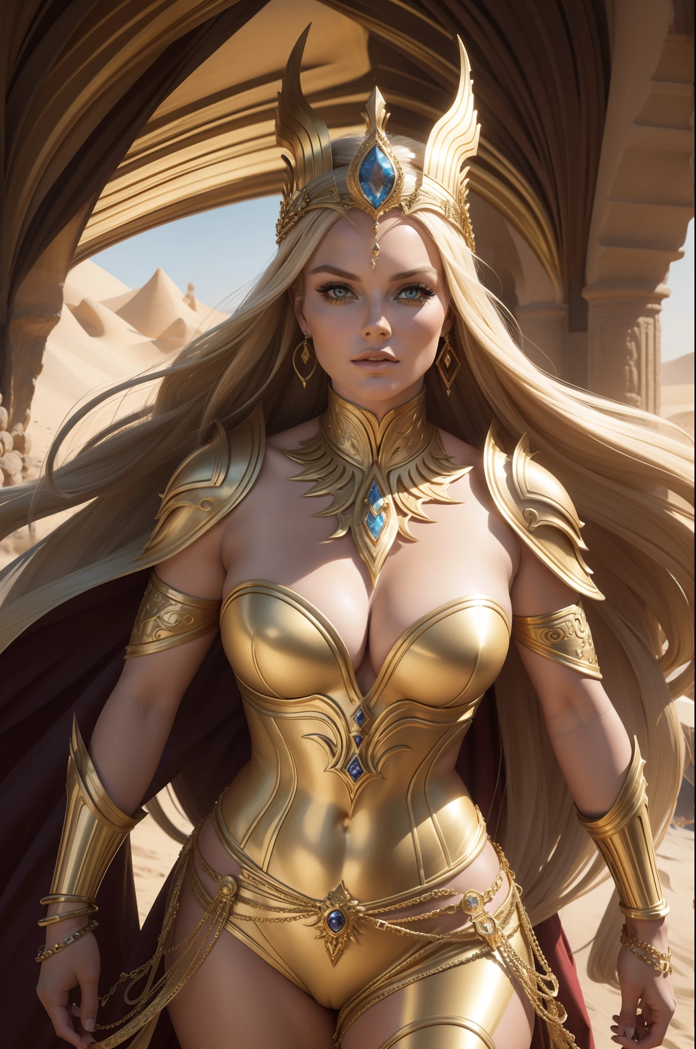 ( dunas do deserto ) Lindsey Vonn as a MYTHOLOGICAL DIVA in a golden armor, gold bracelets on the arms, coxas expostas, Face looking at the camera, athletic curvy body, Musculatura suavemente definida, perspectiva de corpo inteiro, Realismo 32K, obra prima.