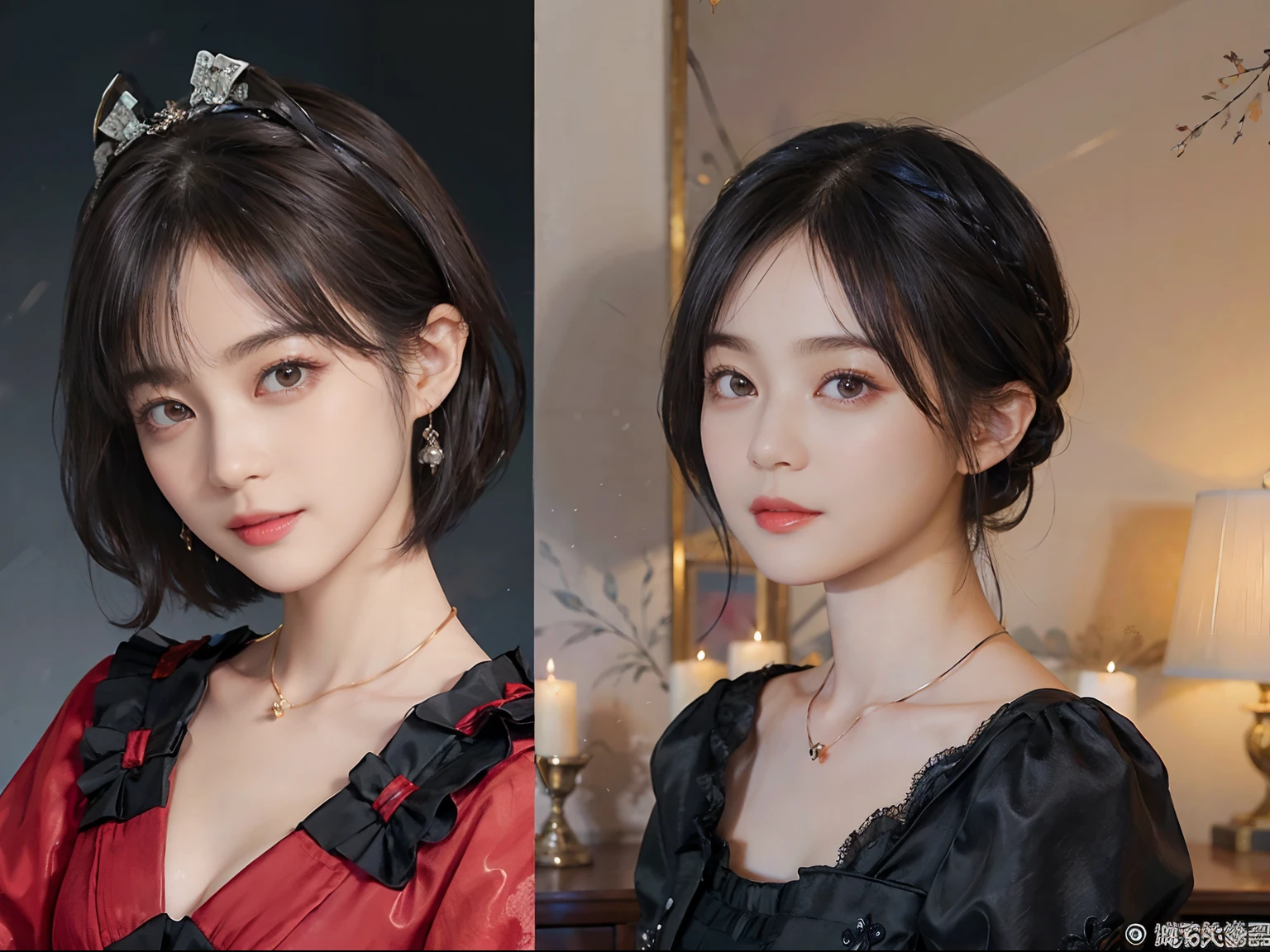 ((1womanl)),  (((Black-short-hair))), （masuter piece：1,3）、top-quality、​masterpiece、hight resolution、Original、highly detailed wallpaper、dress code、Luxurious necklace, (A slight smil)、a small face、((breast))、(Red and blue dresses)、(light on face)、Live-action style, Beautiful facial features, darkened room, ((Hu Dilan)), Masquerade