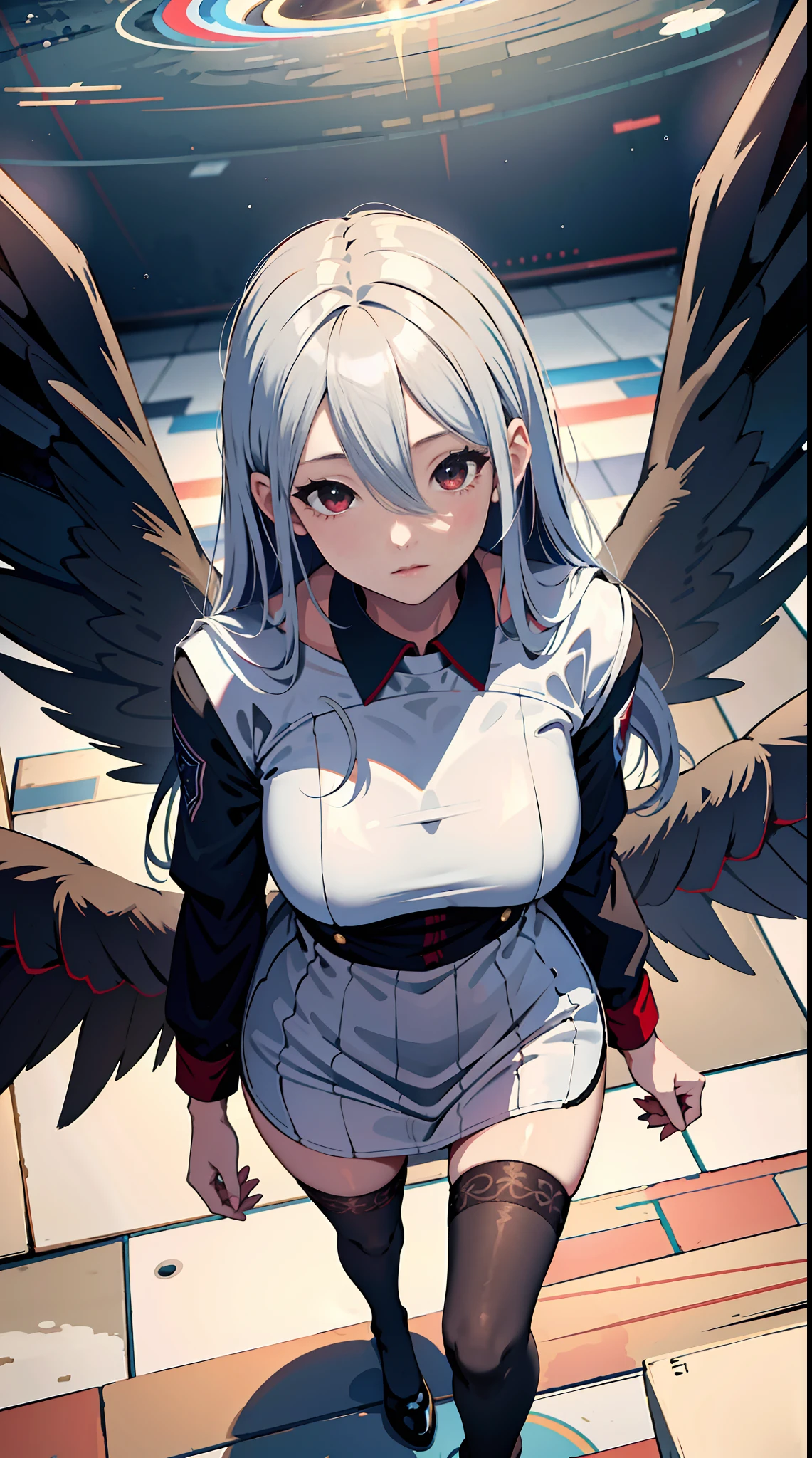 absurd res, high res, (masterpiece:1.4), ultra-detailed, 1girl, white hair, sailor dress, black dress, red eyes, hair between eyes, standing, stockings, space, wings, wide angle, POV, from above