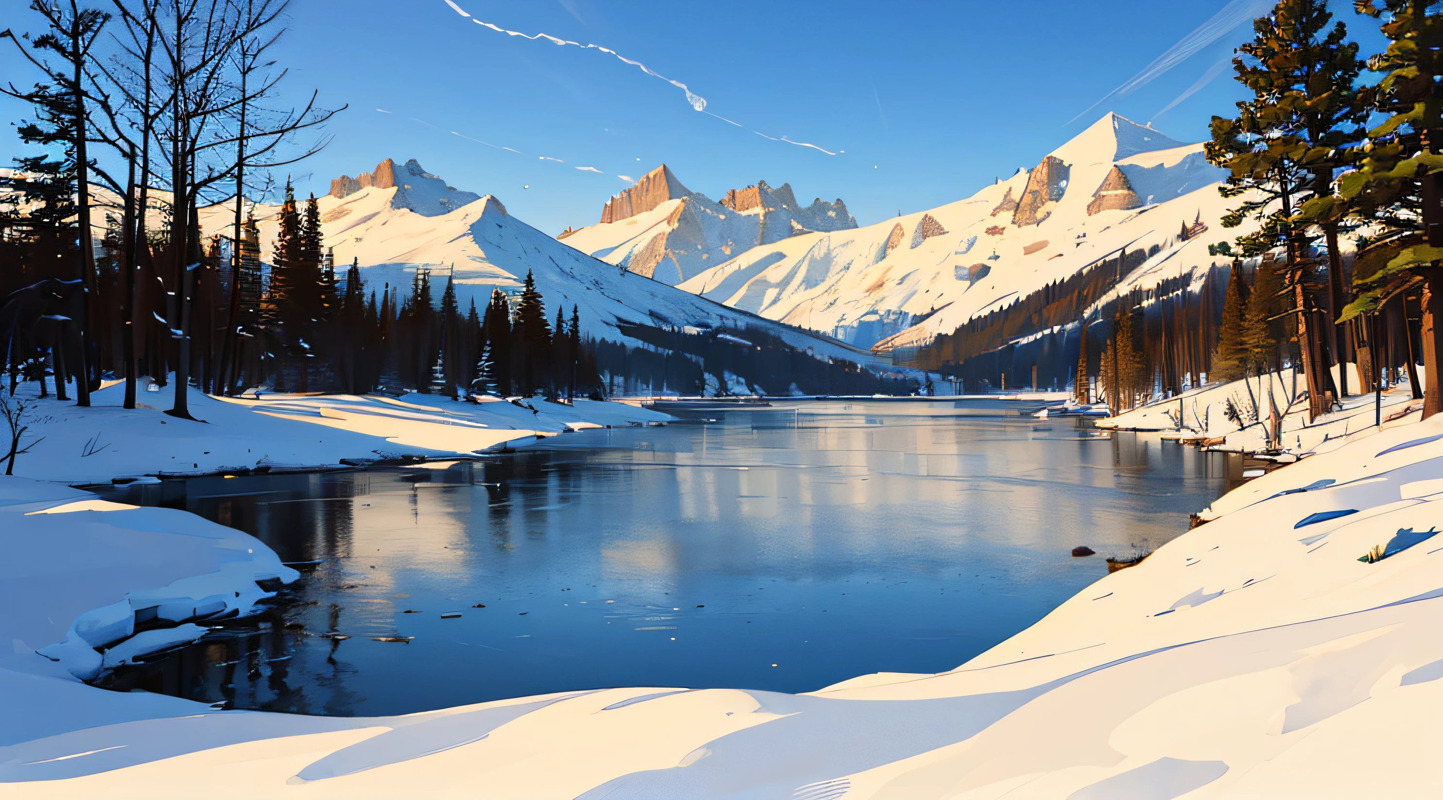 ((Best Quality, 8K, Masterpiece: 1.3)), A serene lakeside cabin surrounded by snow-covered mountains, offering a cozy retreat in the wilderness.