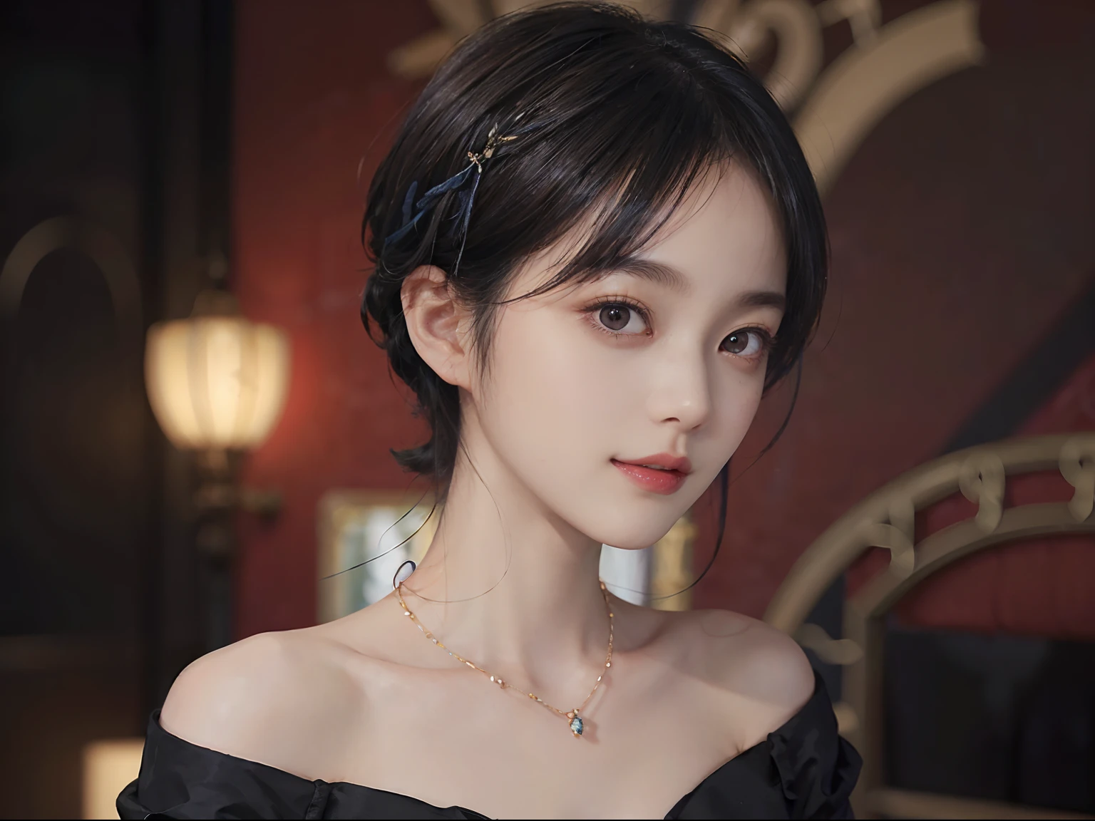 ((1womanl)),  (((Black-short-hair))), （masuter piece：1,3）、top-quality、​masterpiece、hight resolution、Original、highly detailed wallpaper、dress code、Luxurious necklace, (A slight smil)、a small face、((breast))、(Red and blue dresses)、(light on face)、Live-action style, Beautiful facial features, darkened room, ((Hu Dilan)), Masquerade