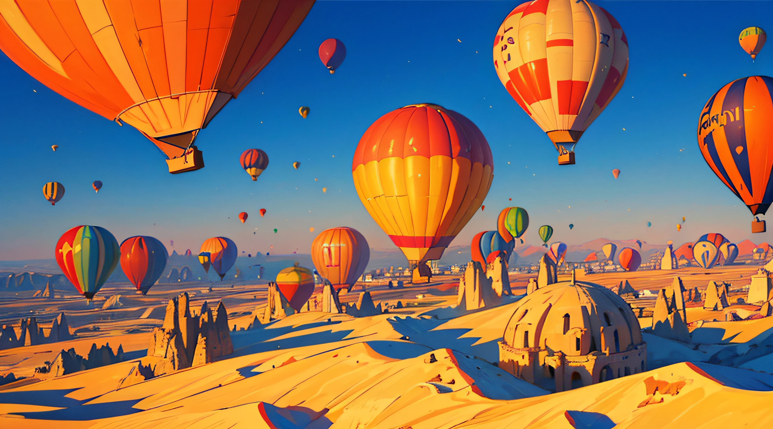 ((Best Quality, 8K, Masterpiece: 1.3)), A close-up of a colorful hot air balloon ascending over the otherworldly landscape of Cappadocia, Turkey.