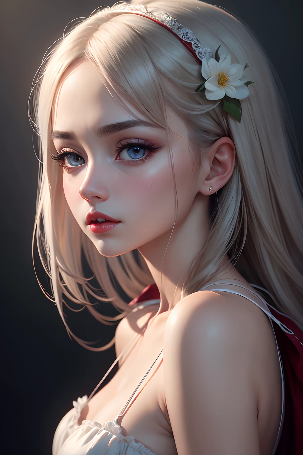 high-quality digital art,  Red lips, White skin, Picture-perfect face, flawless, clean, ((Focus)) (Instagram) (8K) 、beautiful outfit, delicate tracing, Highly detailed light, Cinematic Light, hightquality, a digital painting masterpiece, Best Quality, absurdly high resolution, Throaty glossy reflex, Intricate details, Big eyes、Perfectly balanced eyes、sadness、Front face、Perfect five-finger