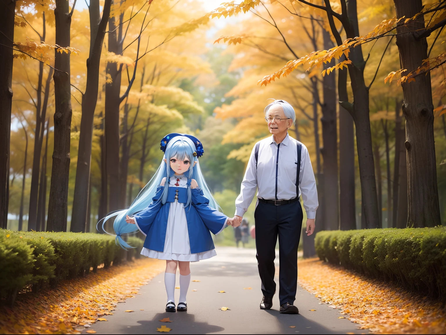 Grandpa、grandmather　Long blue hair with chibi chara((Chibi Chara))、Fluffy、girl with、Chibi Chara、full body Esbian、Pastel colors hair、masutepiece、top-quality、A walk in the forest of autumn leaves