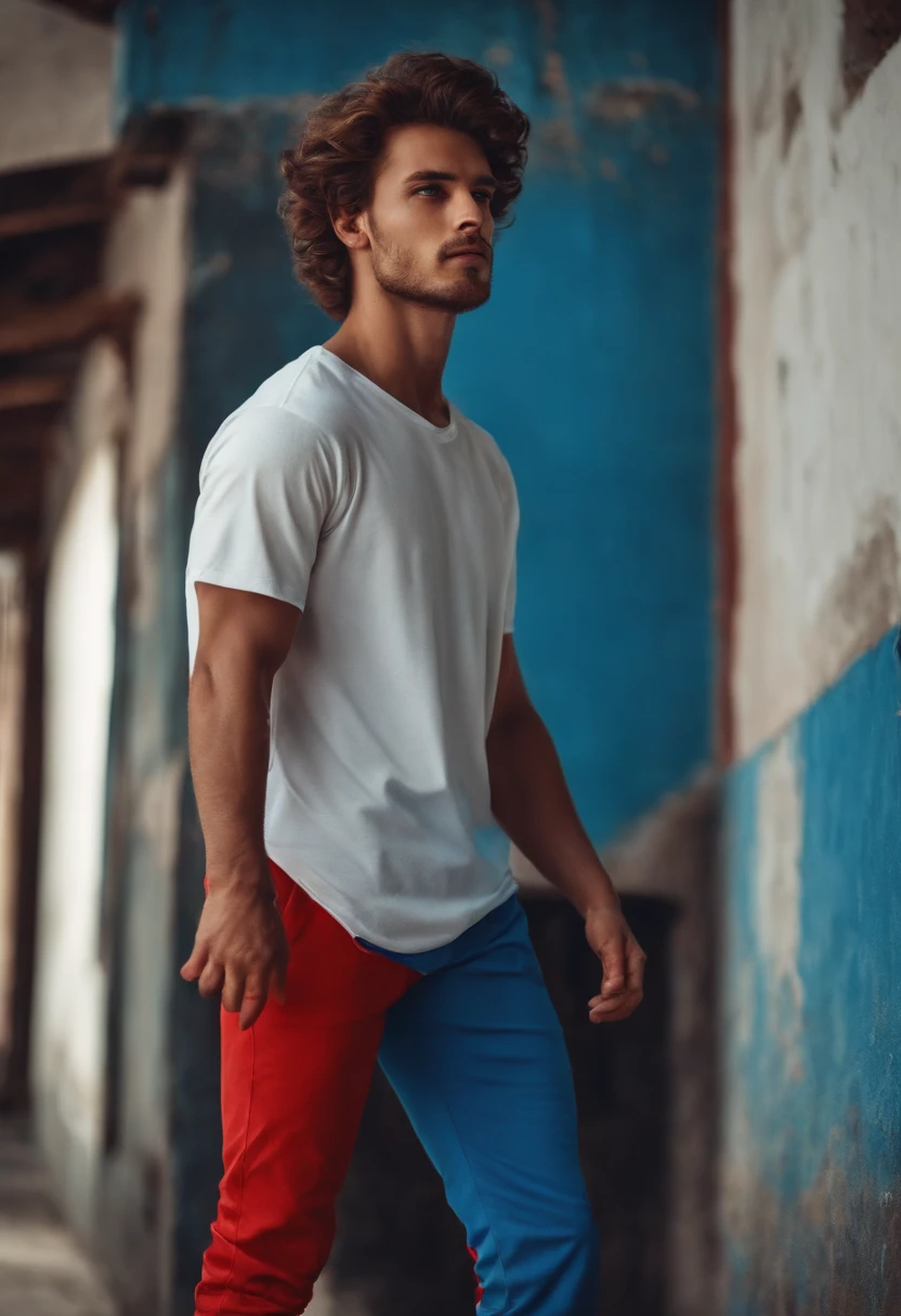 boy with no beard but his head is red, he is wearing a t-shirt collored white, his arms are the blue collor, whaiste down pants
