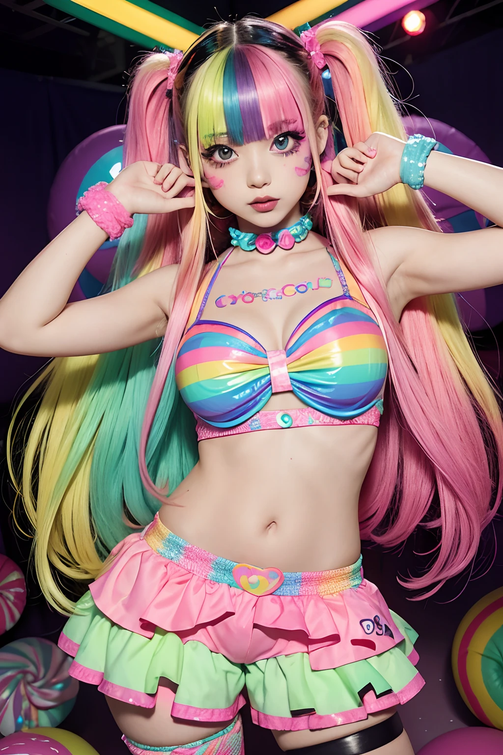 Alafe girl posing in colorful costume for photo, y 2 k cutecore clowncore, kawaii decora rainbowcore, kawaii hq render, candy girl, decora inspired, Unreal Engine : : Rave makeup, raver girl, Rave Girl, Rave Costume, glitchpunk girl, soda themed girl, playful and cheerful, eighties pinup style