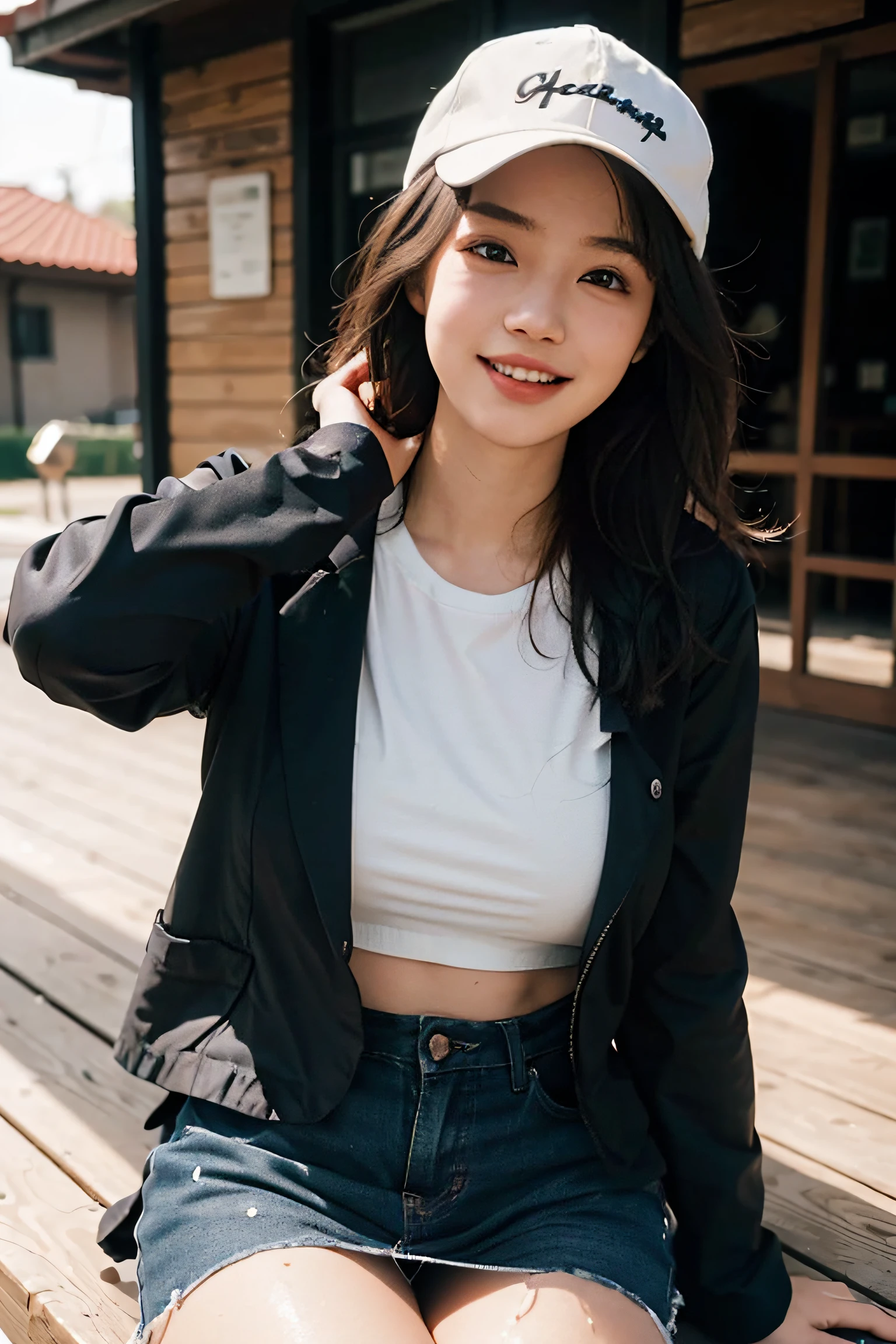 (The to the FW: 1.5), Best Quality,masutepiece,超A high resolution, Very beautiful beauty, kawaii, 18year old,(photographrealistic:1.4), 1girl in, asian human, ((Above the knee)),Mouth that laughed, Looking at Viewer, Shining eyes,Red Baseball Wear, 18year old,Put on the cap,Cinematic, 35mm lens, F/ 1. 8, Accent Lighting, 8K,,natural soft light,E-10,up skirt, Beautiful ass, Huge breasts: 1.4,Realistic,shinny hair,tongue,Hands on the chest,Wet clothes,girl,