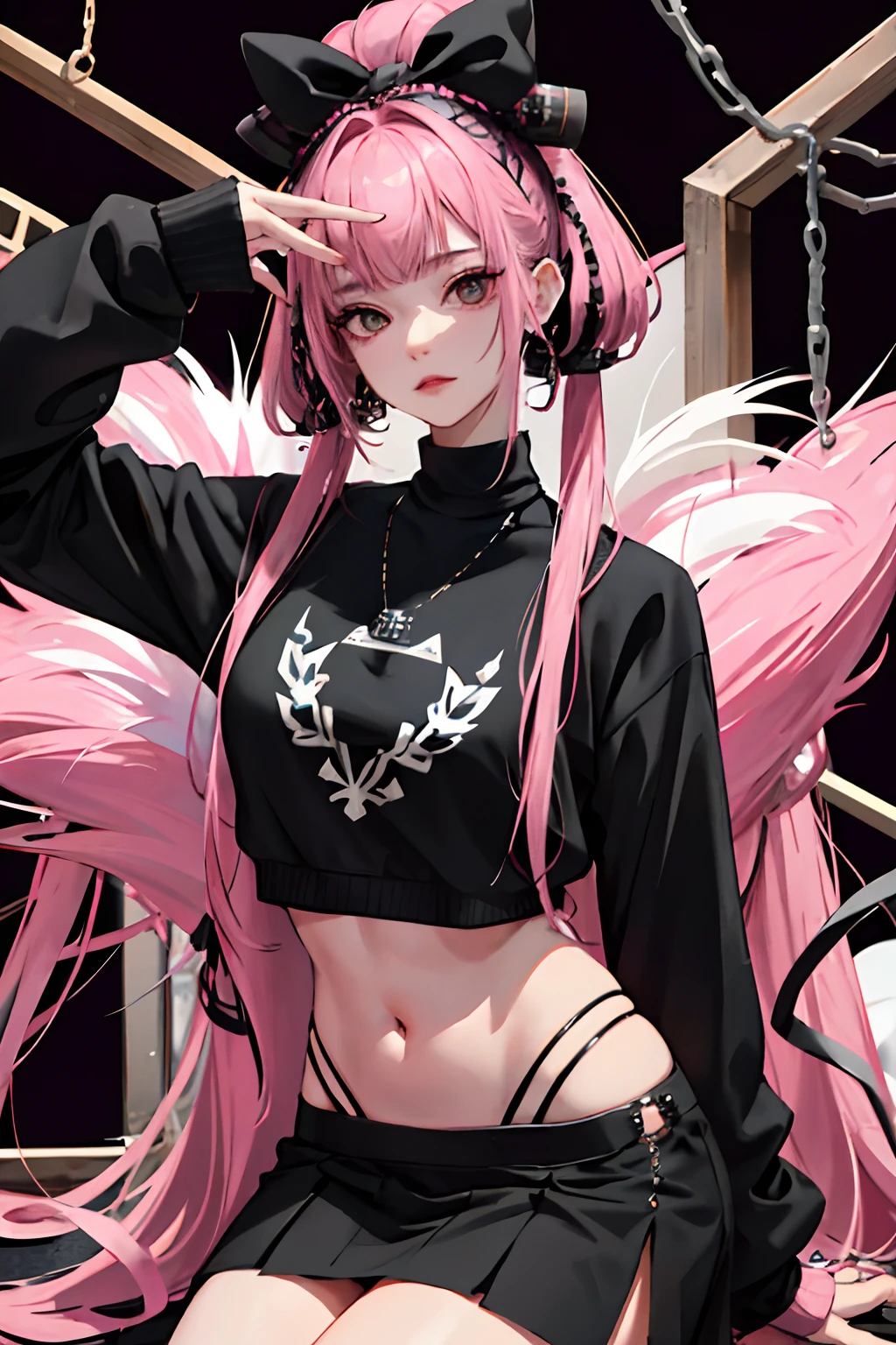 (masuter piece:1.2、top-quality)、(Live action、Intricate details)、(1lady、独奏、The upper part of the body、Colossal tits) garments: Edgy、Black jumper、Pink mini skirt、Avant-garde、Experimental appearance: Long pink hair、Dramatic makeup、Unconventional fashion choices behavior: Rebel、Runaway Ladies Leader、secretary-general、Black jumper、Pink mini skirt、Anti-system、Provocative Location: urban art district、Underground Music Scene Hobbies: Bad girl、Create mixed media art、Experiment with different subcultures values: individuality、authenticity、Creative Expression Inspiration: Runaway Ladies Leader、secretary-general、Counterculture icons、Nature: boldness、Unconventional。