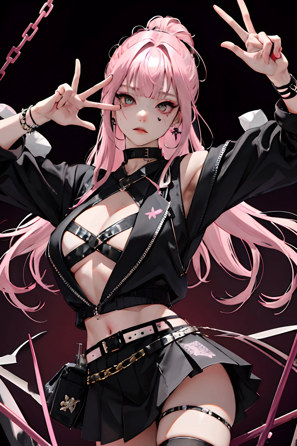(masuter piece:1.2、top-quality)、(Live action、Intricate details)、(1lady、独奏、The upper part of the body、Colossal tits) garments: Edgy、Black jumper、Pink mini skirt、Avant-garde、Experimental appearance: Long pink hair、Dramatic makeup、Unconventional fashion choices behavior: Rebel、Runaway Ladies Leader、secretary-general、Black jumper、Pink mini skirt、Anti-system、Provocative Location: urban art district、Underground Music Scene Hobbies: Bad girl、Create mixed media art、Experiment with different subcultures values: individuality、authenticity、Creative Expression Inspiration: Runaway Ladies Leader、secretary-general、Counterculture icons、Nature: boldness、Unconventional。