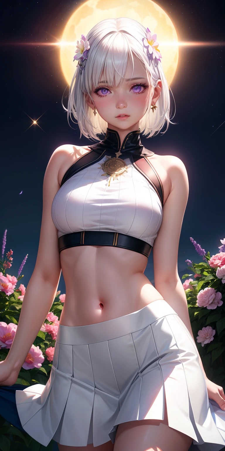 realistic, 1girl, white hair, purple eyes, glowing eyes, crop top, skirt, parted lips, blush, night, flowers, sun, sunlight,