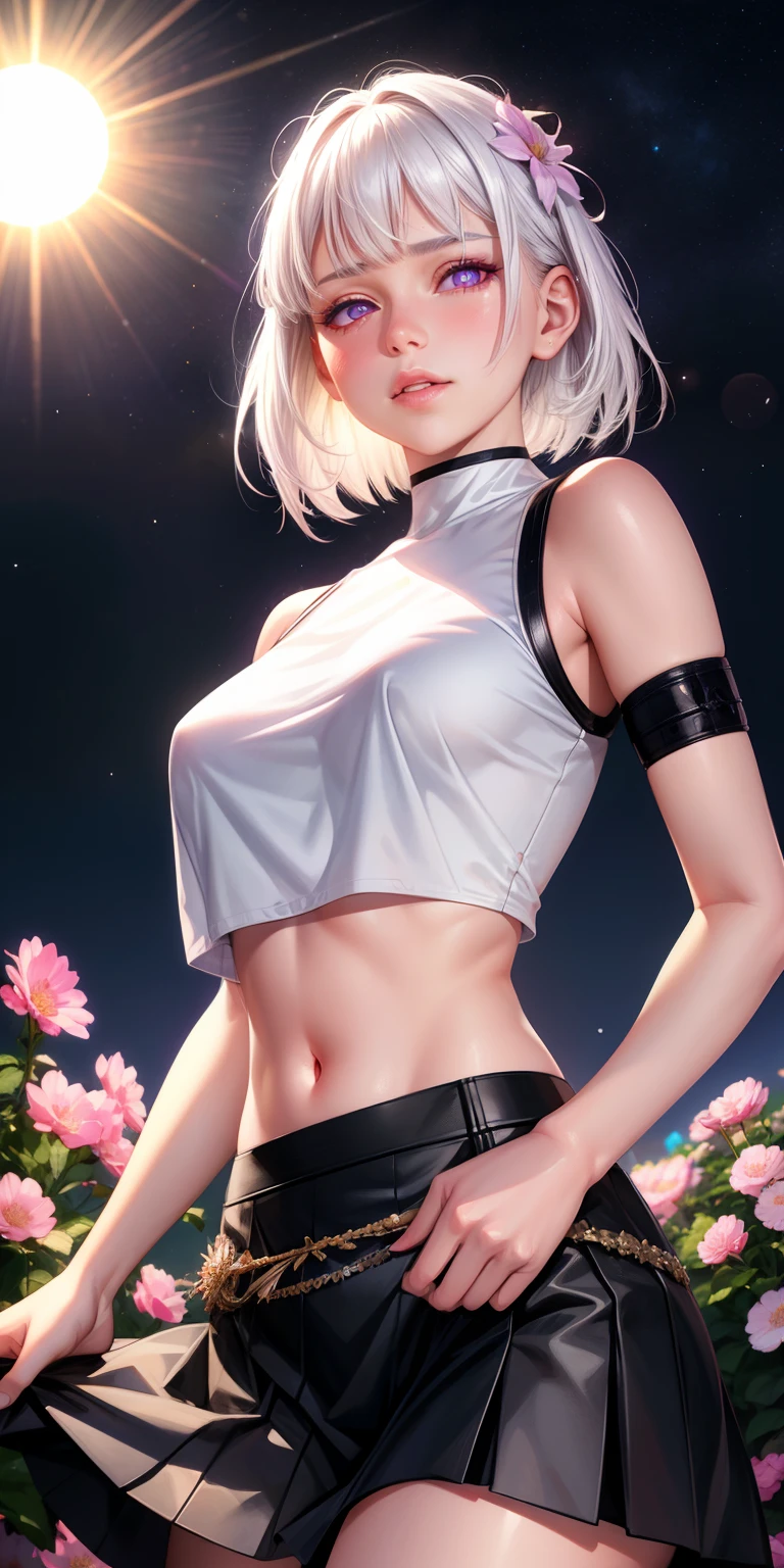 realistic, 1girl, white hair, purple eyes, glowing eyes, crop top, skirt, parted lips, blush, night, flowers, sun, sunlight,