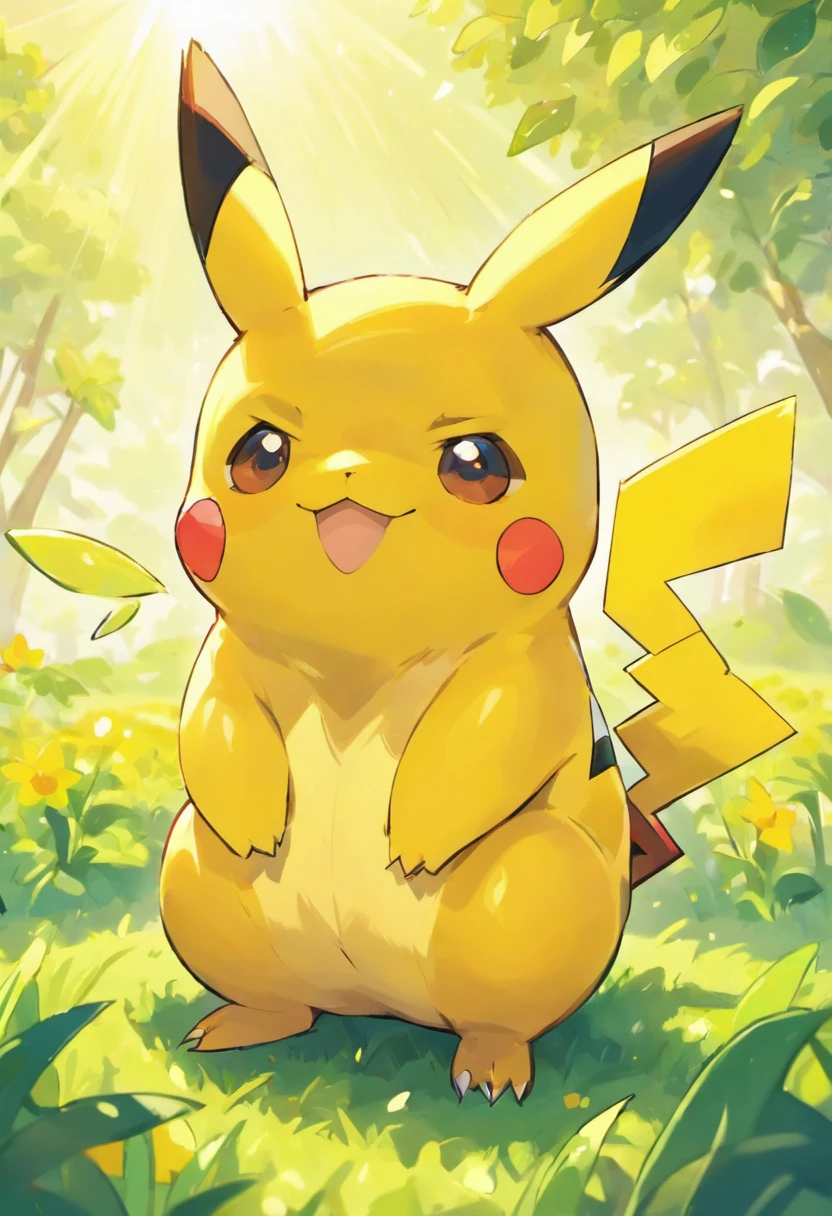 Pikachu sitting in a sun dappled field with erection