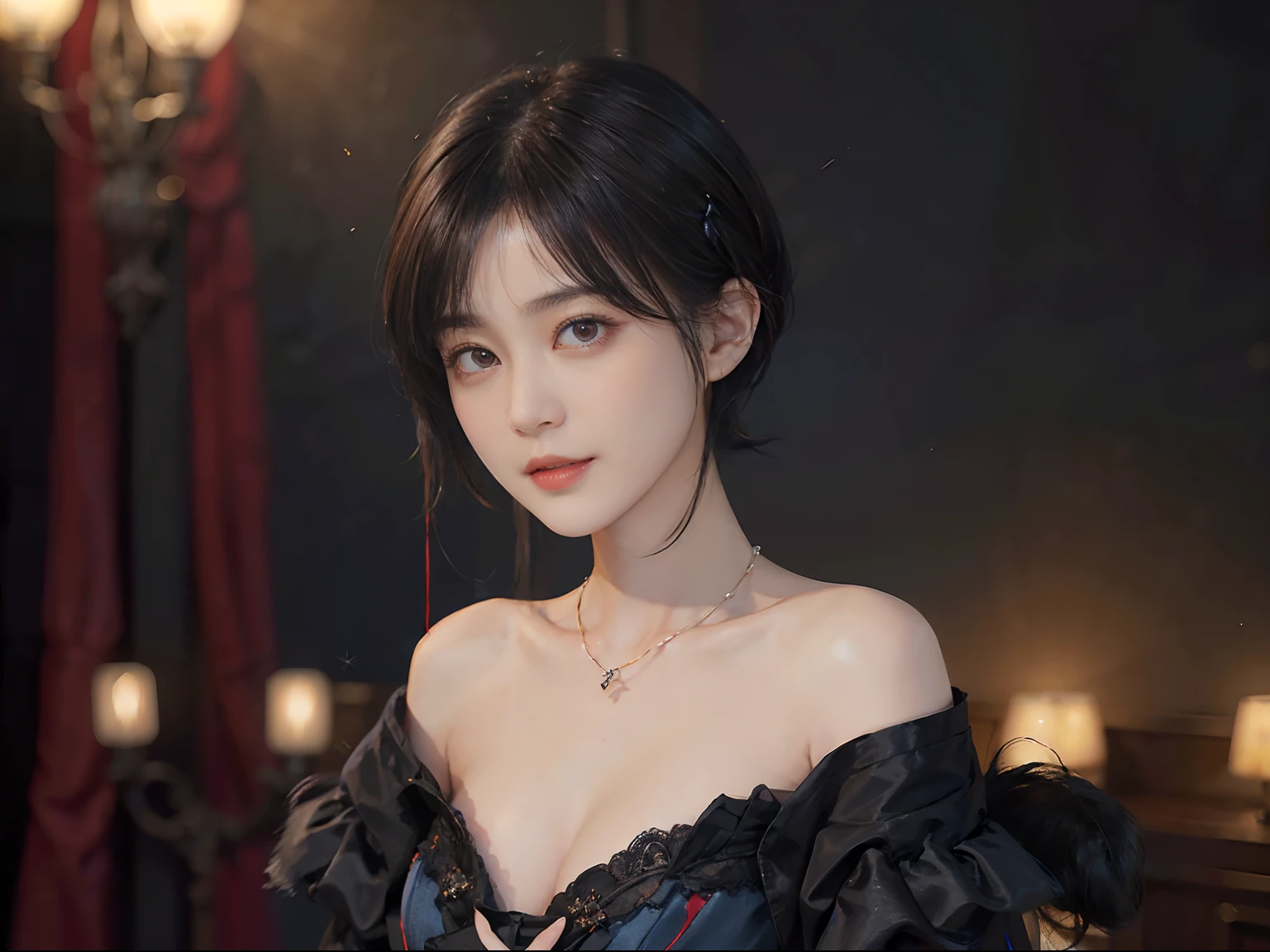 ((1womanl)), (((Black-short-hair))), (masuter piece:1,3)、top-quality、masterpiece、hight resolution、Original、highly detailed wallpaper、dress code、Luxurious necklace, (A slight smil)、a small face、((breast))、(Red and blue dresses)、(light on face)、Live-action style, Beautiful facial features, darkened room, ((Hu Dilan)), Masquerade