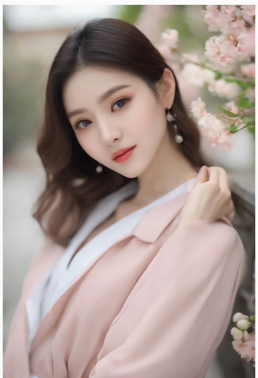 Gentle and beautiful woman, half body photo, Delicate and sexy collarbone, charming oval face, Double eyelids, Smart peach blossom eyes, Pink lips, small nose, Bare shoulders, Focused face, Face Close-up, The ultra -The high-definition, Super Details, elegant standing, Black British College Style Double Breasted Casual Loose Korean Style Small Suit Jacket, Pair with a black pleated skirt suit