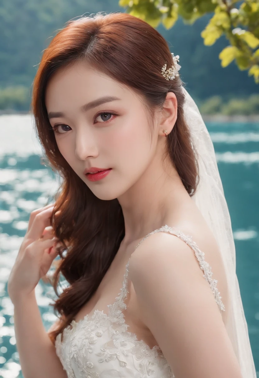 1 beautiful girl,Asian idol, (Realistic:1.3) (full bodyesbian:1.3), standing photo, Stand in front of the blue lake, White wedding dress, Soft dress, Masterpiece, diffused soft lighting, Portrait, Best quality, (Perfect face:1.4), Ultra-realistic Highly detailed, Complex and realistic simulation style photos, Cinematic lighting, studio shoot, Elegant Pose, upper body