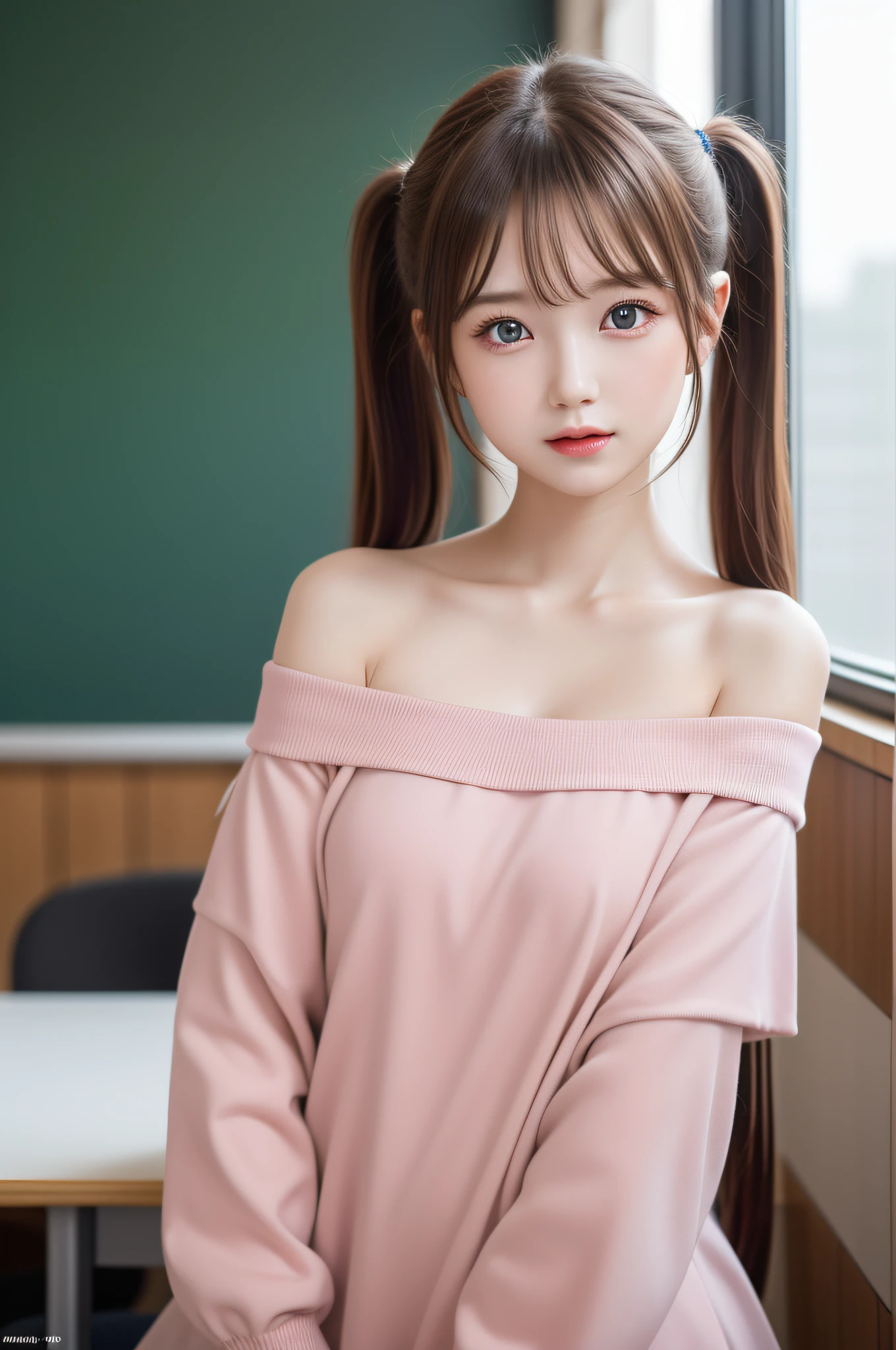 table top, highest quality, 8k,  naked girl, small breasts、((Big eyes))、学校のclassroom,(((view audience))),thin,thin body,(((brown eyes))),slim,Navel details,cute belly button,delicate,skinny,RAW photo, absurd,(((nude))), award winning portrait, smile, alone, daytime, idol face, delicate girl, Upper body, Digital single-lens reflex camera, looking at the viewer, Frank, Sophisticated, thin腕, soft ray、professional lighting, (((pink cheeks))),(((blush))),chromatic aberration, (Eye and face details:1.0), ((realistic))、1 girl, ((girls school uniform)), look at the audience, young face、Satisfied look, (show your chest)、classroom、(((Get out)))、,precise fingers,perfect anatomy,(((armpit))),(((Details of armpit wrinkles))),(((short hair))),twin tails