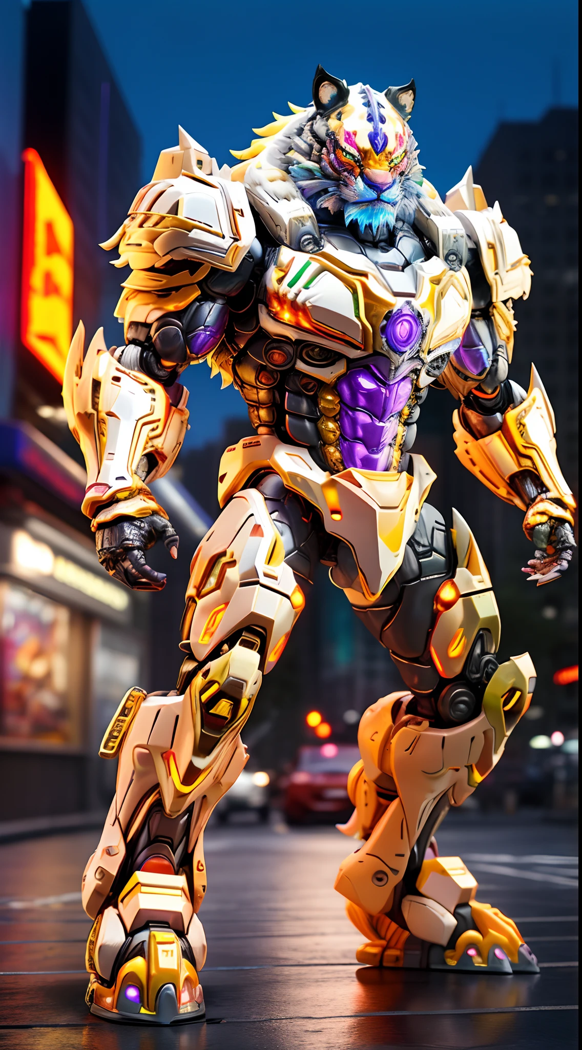 TIGER KING, RAINBOW COLORED, HETEROCHROMIA EYE, MECHA HEAVY ARMOR, TRANSPARANT, MUSCLE BODY.