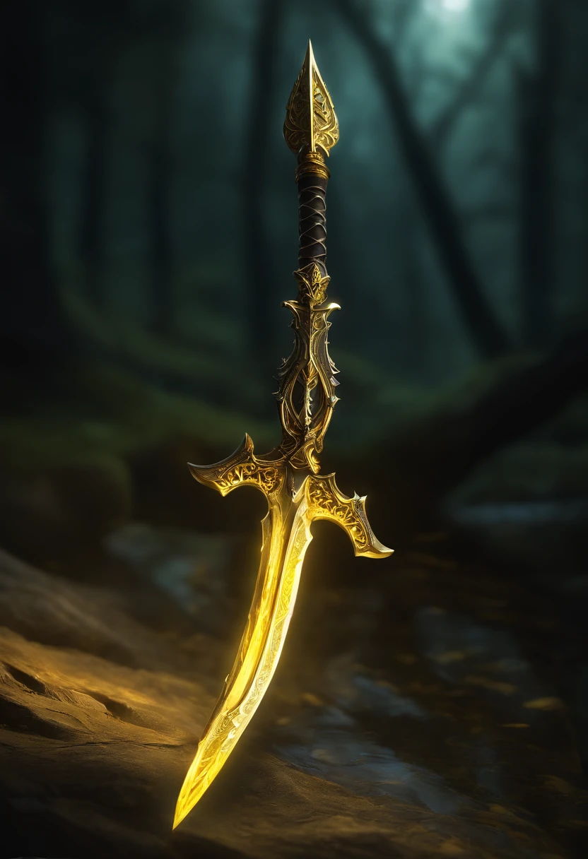 there is a pike with a yellow and black design on it, glowing yellow soul blade, glowing pike, style of pike blade, raytraced blade, glaive, shinning pike, intricate fantasy spear, war blade weapon, medievil spear, magical pike, realistic pike