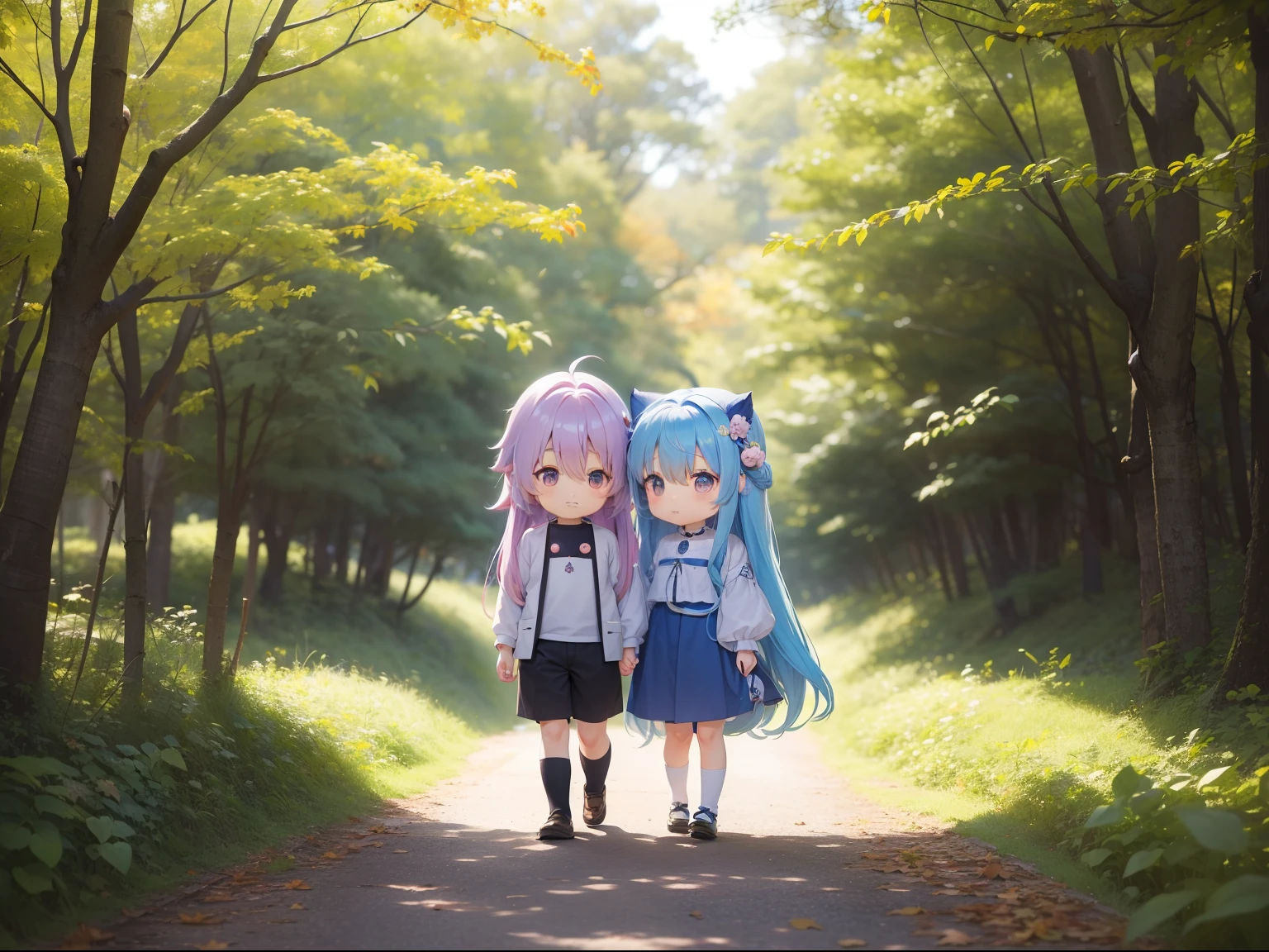 Grandpa、grandmather Long blue hair with chibi chara((Chibi Chara))、Fluffy、girl with、Chibi Chara、full body Esbian、Pastel colors hair、masutepiece、top-quality、A walk in the forest of autumn leaves