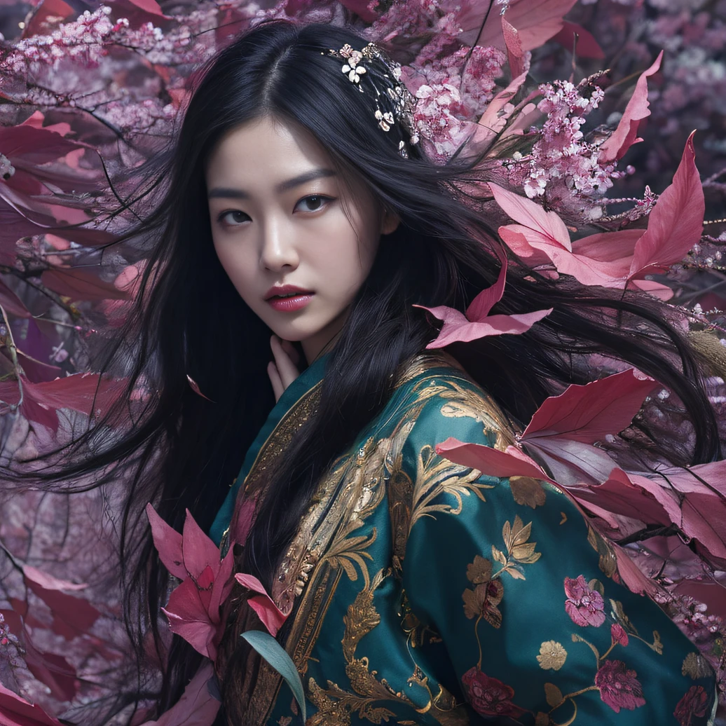 32K(tmasterpiece,k hd,hyper HD,32K)Long flowing black hair,ponds,zydink, a color, Aozhou people (Concubine girl), (Purple silk scarf), Combat posture, looking at the ground, long whitr hair, Floating hair, Carp pattern headdress, Chinese long-sleeved clothing, (Abstract gouache splash:1.2), Pink petal background,Pink and white lotus flowers fly(realisticlying:1.4),Black color hair,Fallen leaves flutter,The background is pure, A high resolution, the detail, RAW photogr, Sharp Re, Nikon D850 Film Stock Photo by Jefferies Lee 4 Kodak Portra 400 Camera F1.6 shots, Rich colors, ultra-realistic vivid textures, Dramatic lighting, Unreal Engine Art Station Trend, cinestir 800,Long flowing black hair,Denim skirt