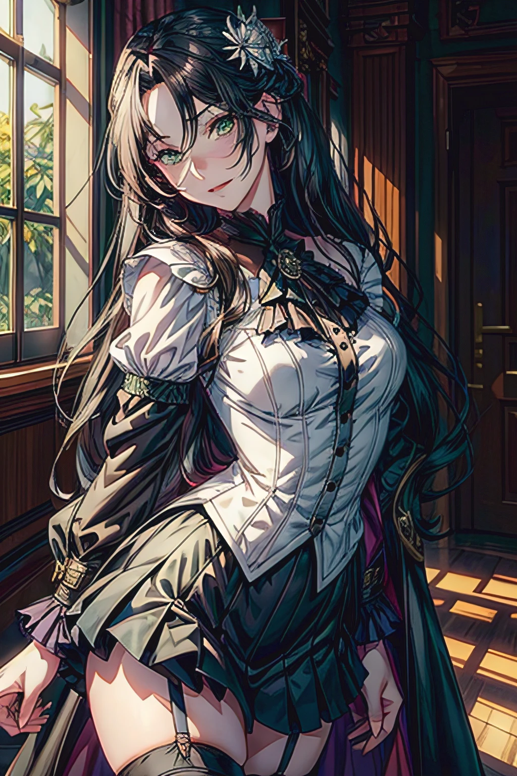 masterpiece, best quality, absurdres, half-body portrait, 1girl, human, female, black hair, green eyes, long black coat, winged shaped hair pin, beauty mark under right eye, white shirt, silver cravat, black skirt, tennis skirt, black stockings, smirking, looking at viewer, standing, arms at sides, (Charming 1.2), (Frivolous expression 1.2), aristocrat, magus, Fate/Grand Order, hair flower