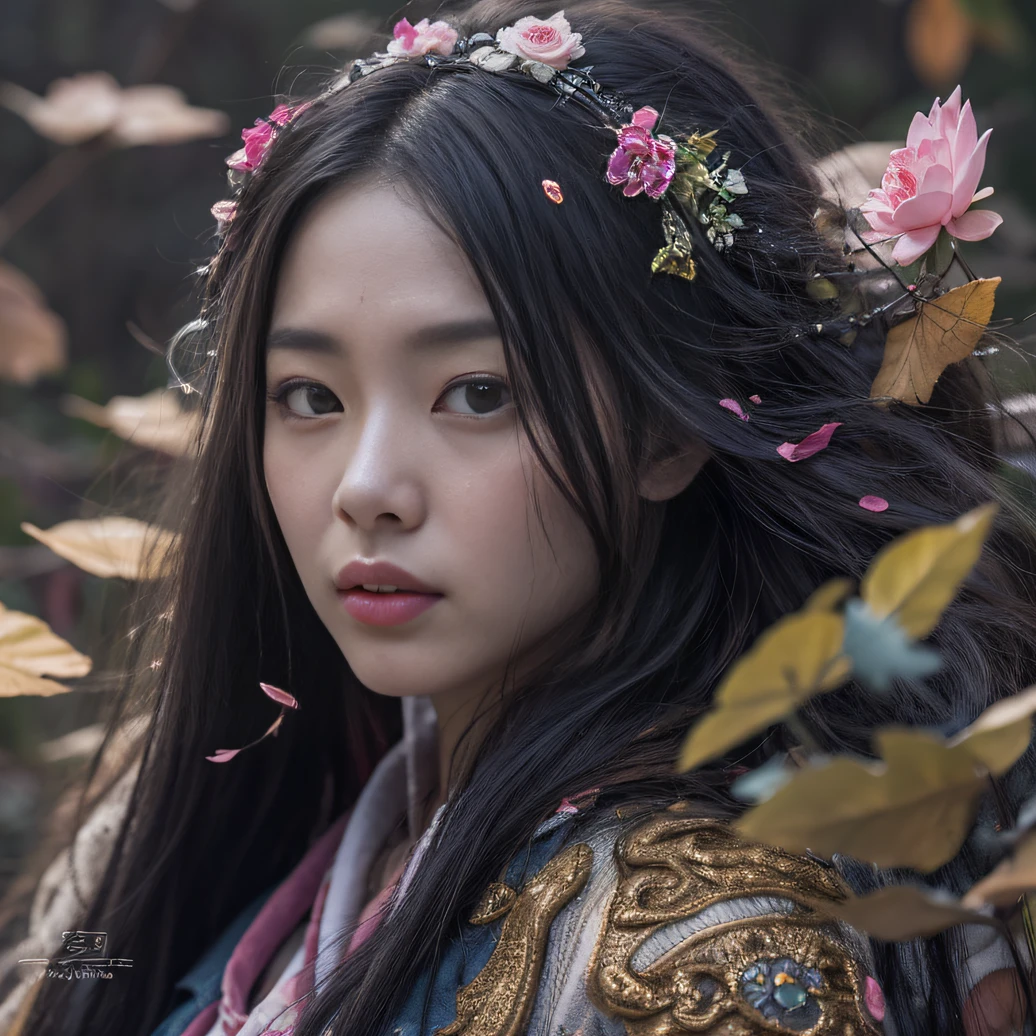 32K(tmasterpiece,k hd,hyper HD,32K)Long flowing black hair,ponds,zydink, a color, Aozhou people (Concubine girl), (Purple silk scarf), Combat posture, looking at the ground, long whitr hair, Floating hair, Carp pattern headdress, Chinese long-sleeved clothing, (Abstract gouache splash:1.2), Pink petal background,Pink and white lotus flowers fly(realisticlying:1.4),Black color hair,Fallen leaves flutter,The background is pure, A high resolution, the detail, RAW photogr, Sharp Re, Nikon D850 Film Stock Photo by Jefferies Lee 4 Kodak Portra 400 Camera F1.6 shots, Rich colors, ultra-realistic vivid textures, Dramatic lighting, Unreal Engine Art Station Trend, cinestir 800,Long flowing black hair,Denim skirt