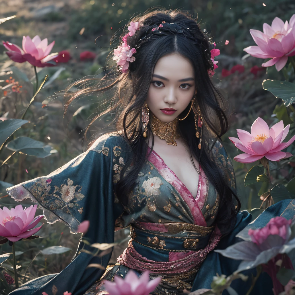 32K(tmasterpiece,k hd,hyper HD,32K)Long flowing black hair,ponds,zydink, a color, Aozhou people (Concubine girl), (Purple silk scarf), Combat posture, looking at the ground, long whitr hair, Floating hair, Carp pattern headdress, Chinese long-sleeved clothing, (Abstract gouache splash:1.2), Pink petal background,Pink and white lotus flowers fly(realisticlying:1.4),Black color hair,Fallen leaves flutter,The background is pure, A high resolution, the detail, RAW photogr, Sharp Re, Nikon D850 Film Stock Photo by Jefferies Lee 4 Kodak Portra 400 Camera F1.6 shots, Rich colors, ultra-realistic vivid textures, Dramatic lighting, Unreal Engine Art Station Trend, cinestir 800,Long flowing black hair,Denim skirt