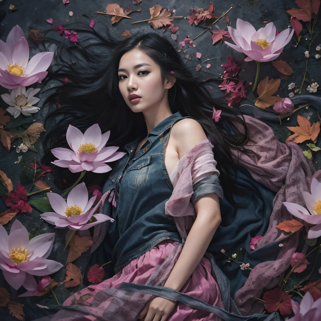 32K(tmasterpiece,k hd,hyper HD,32K)Long flowing black hair,ponds,zydink, a color, Aozhou people (Concubine girl), (Purple silk scarf), Combat posture, looking at the ground, long whitr hair, Floating hair, Carp pattern headdress, Chinese long-sleeved clothing, (Abstract gouache splash:1.2), Pink petal background,Pink and white lotus flowers fly(realisticlying:1.4),Black color hair,Fallen leaves flutter,The background is pure, A high resolution, the detail, RAW photogr, Sharp Re, Nikon D850 Film Stock Photo by Jefferies Lee 4 Kodak Portra 400 Camera F1.hots, Rich colors, ultra-realistic vivid textures, Dramatic lighting, Unreal Engine Art Station Trend, cinestir 800,Long flowing black hair,Denim skirt