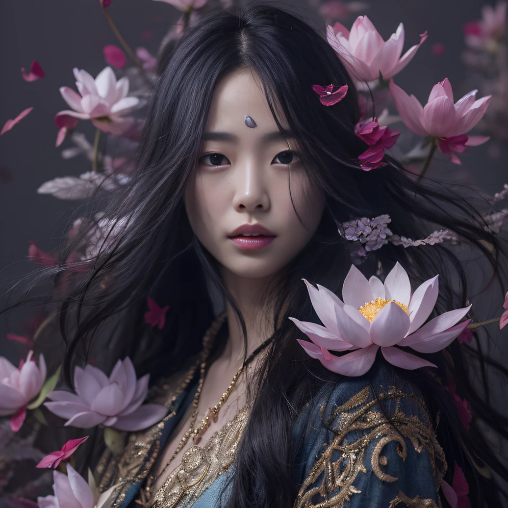 32K（tmasterpiece，k hd，hyper HD，32K）Long flowing black hair，ponds，zydink， a color， Aozhou people （Concubine girl）， （Purple silk scarf）， Combat posture， looking at the ground， long whitr hair， Floating hair， Carp pattern headdress， Chinese long-sleeved clothing， （Abstract gouache splash：1.2）， Pink petal background，Pink and white lotus flowers fly（realisticlying：1.4），Black color hair，Fallen leaves flutter，The background is pure， A high resolution， the detail， RAW photogr， Sharp Re， Nikon D850 Film Stock Photo by Jefferies Lee 4 Kodak Portra 400 Camera F1.6 shots, Rich colors, ultra-realistic vivid textures, Dramatic lighting, Unreal Engine Art Station Trend, cinestir 800，Long flowing black hair，Denim skirt